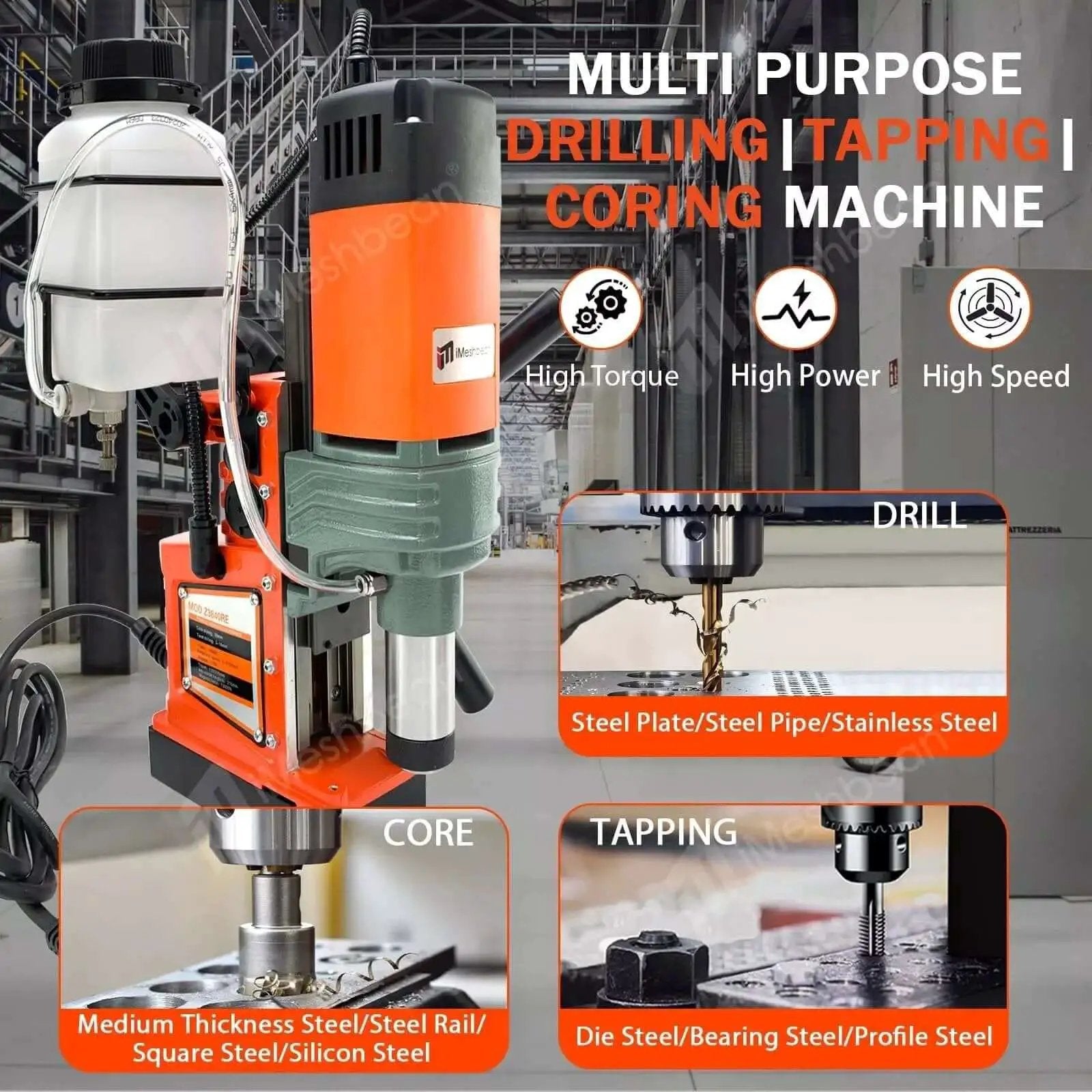 Workhorse 1400W Magnetic Drill Press With 2 Inch Capacity And 810 RPM Stepless Speed Reversible Direction 13000N Magnetic Force For Metalworking DIY Projects And Home Improvement showing multi-purpose use in drilling, tapping, and coring.