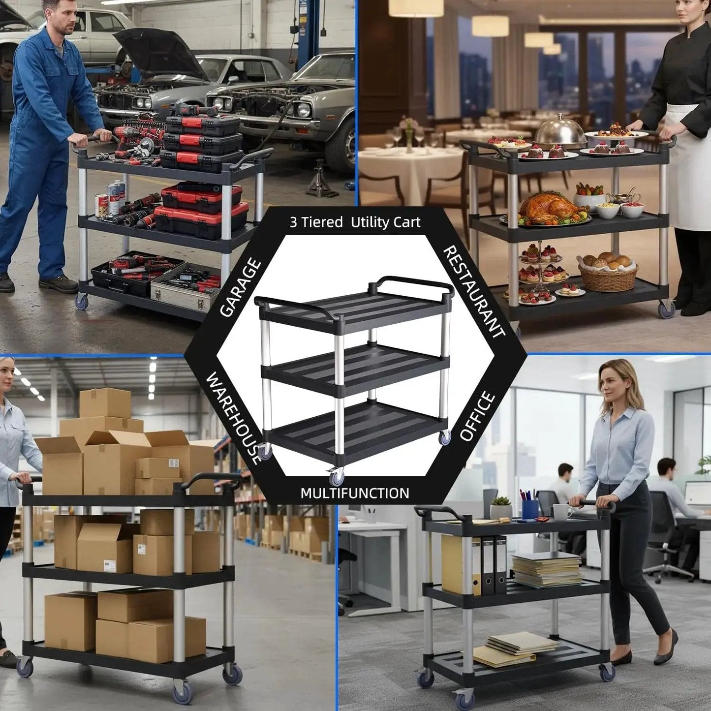 Three Tier Rolling Service Cart With Tangle Free Swivel Wheels And Two Brakes, holding tools and food, shown in diverse environments.