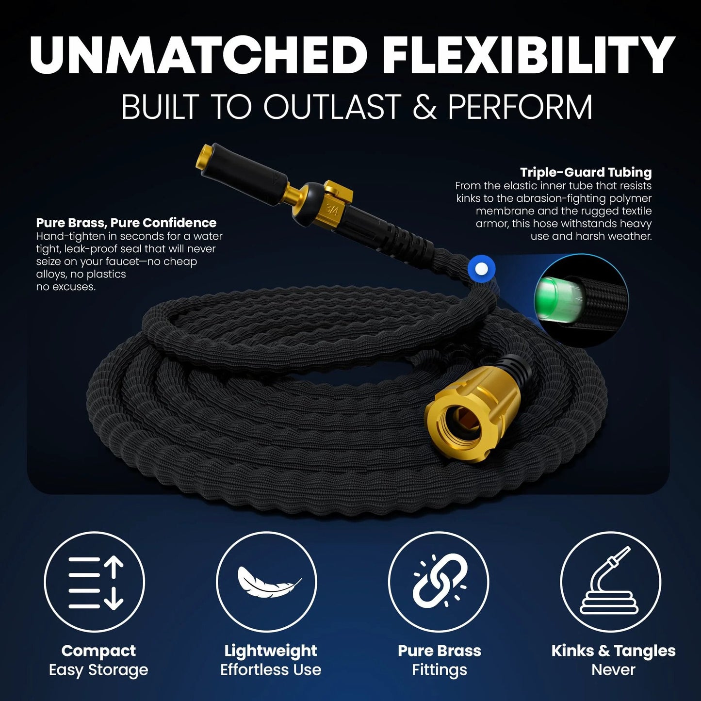 Ultra Lightweight Flexible Garden Hose 50 Ft For Easy Maneuvering And Quick Setup With Brass Fittings And Jet Nozzle Kink Free