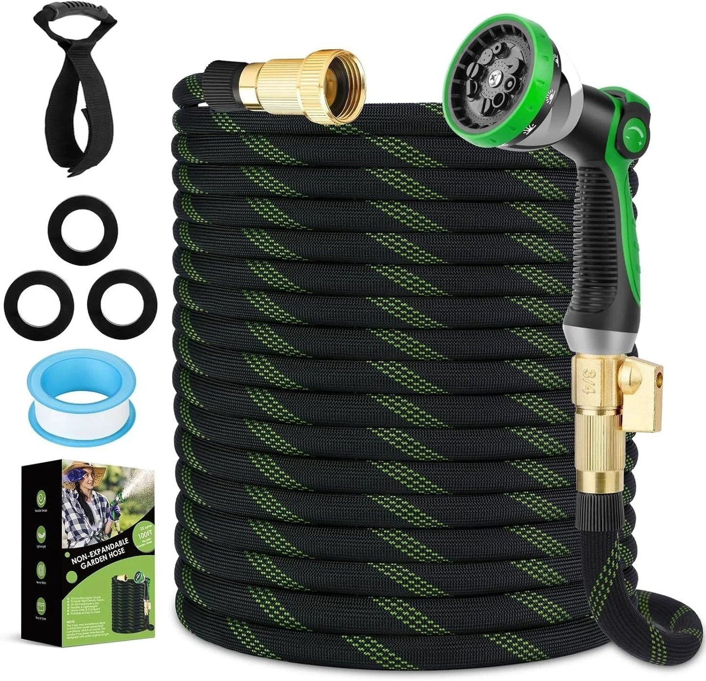 Ultra Lightweight 150 Feet Garden Hose Non Expandable With 10 Pattern Nozzle Full Length Leak Proof Design High Density Fabric