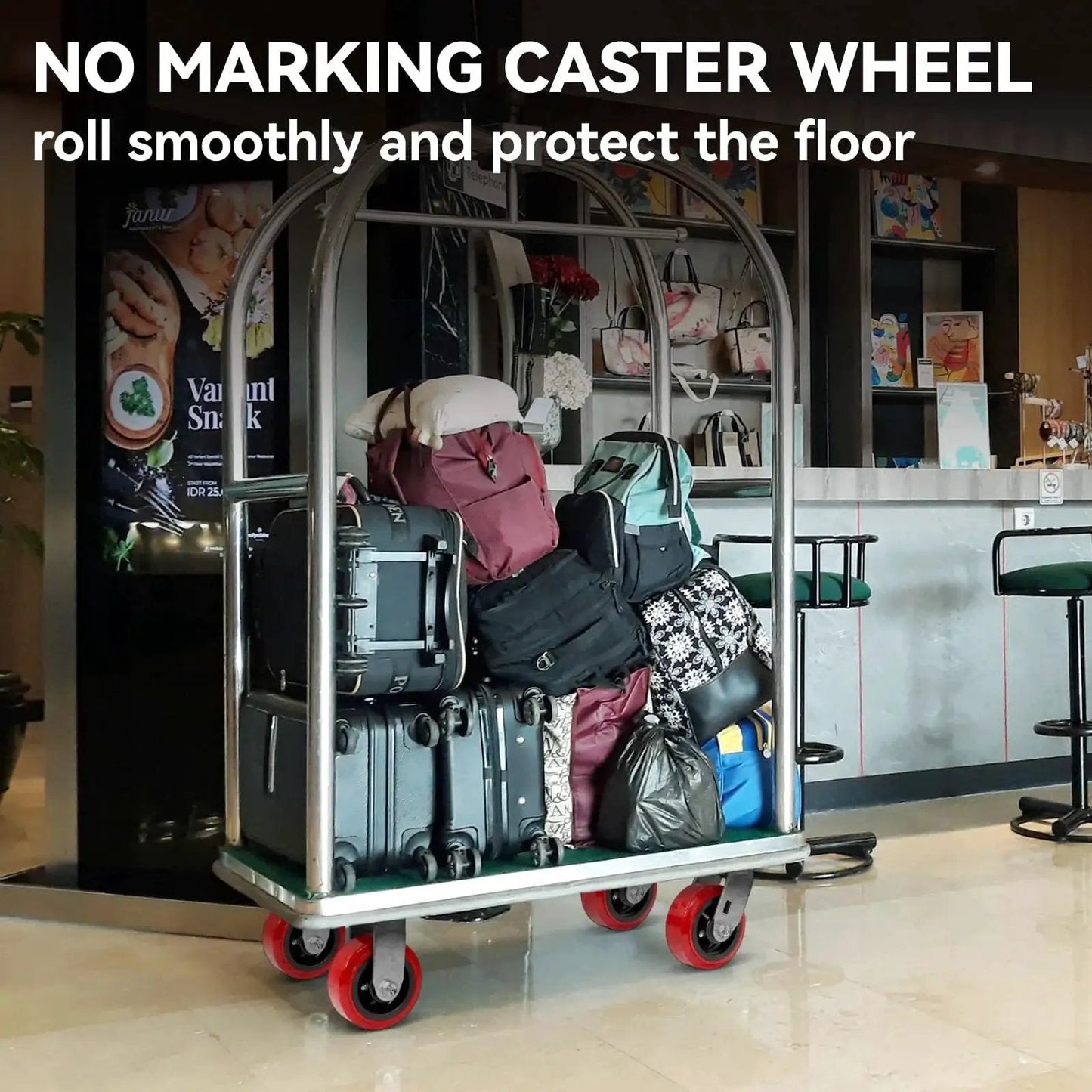 Five Inch Diameter By Two Inch Wide Heavy Duty Caster Wheel Set Of Four With 3200 Lbs Capacity Non Marking Polyurethane Tread Roller Bearing Half Inch Axle Bore Ideal For Carts, Dollies, Tool Carts And Utility Trolleys installed on luggage cart