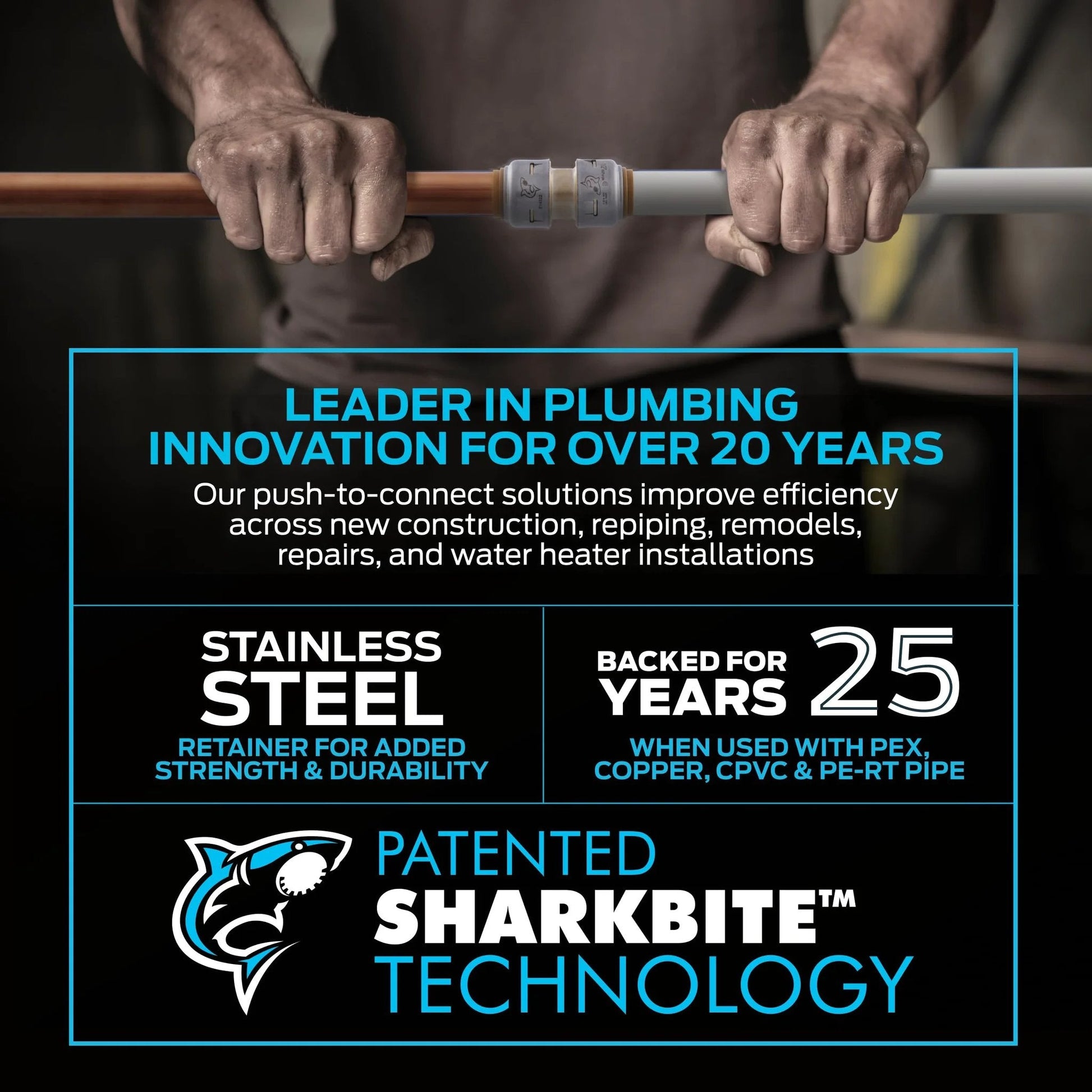 Patented SharkBite technology with a focus on high flow three quarter inch push to connect check valve for PEX copper CPVC pipes