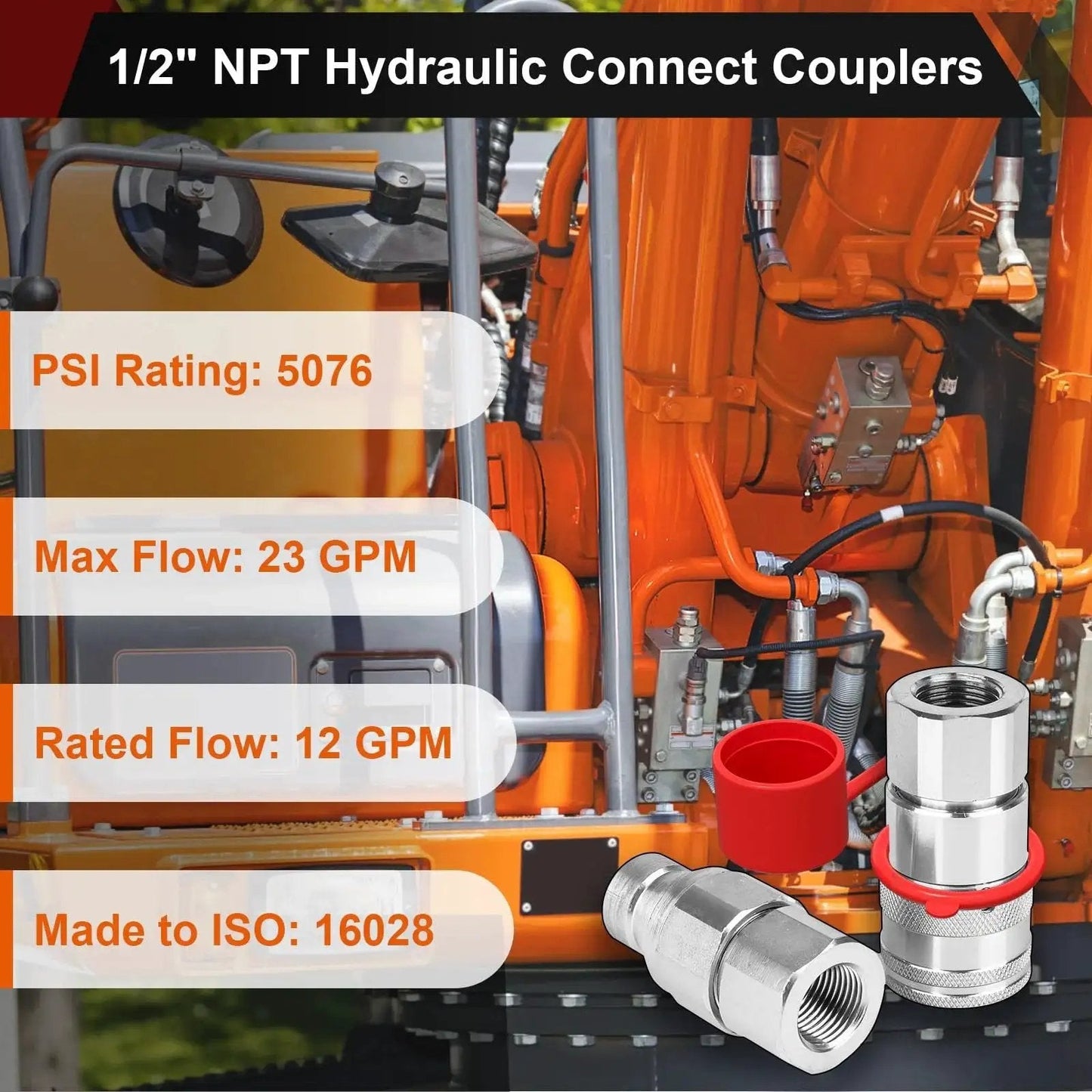 Flat Face Half Inch NPT Skid Steer Hydraulic Quick Couplers With ISO16028 Standard Includes 2 Dust Covers displayed on machinery