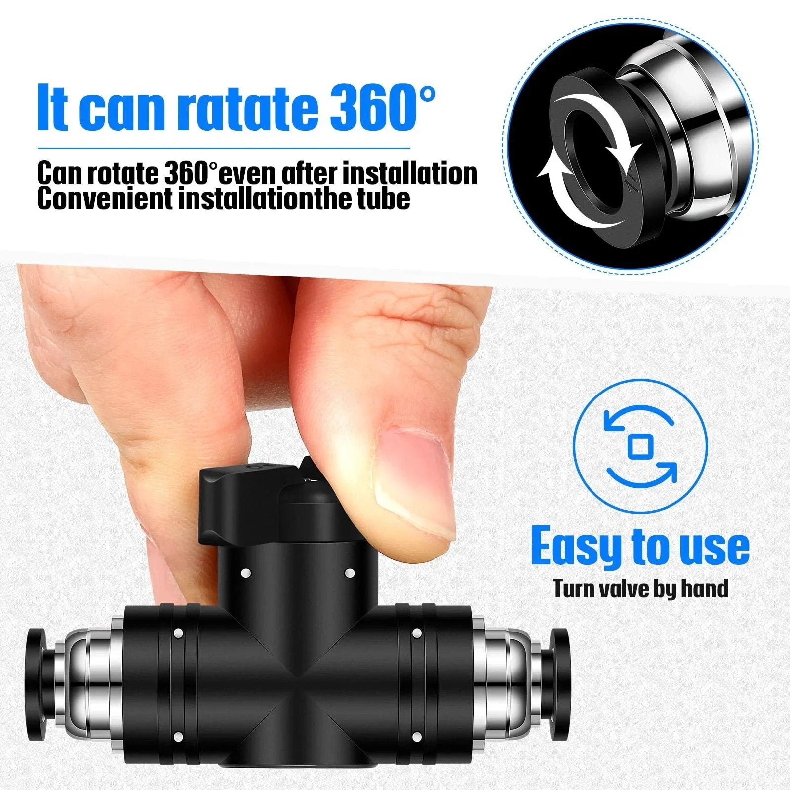 Close-up of hand holding Five Pack Push To Connect Pneumatic Ball Valves One Quarter Inch OD Quick Connect Air Fittings.