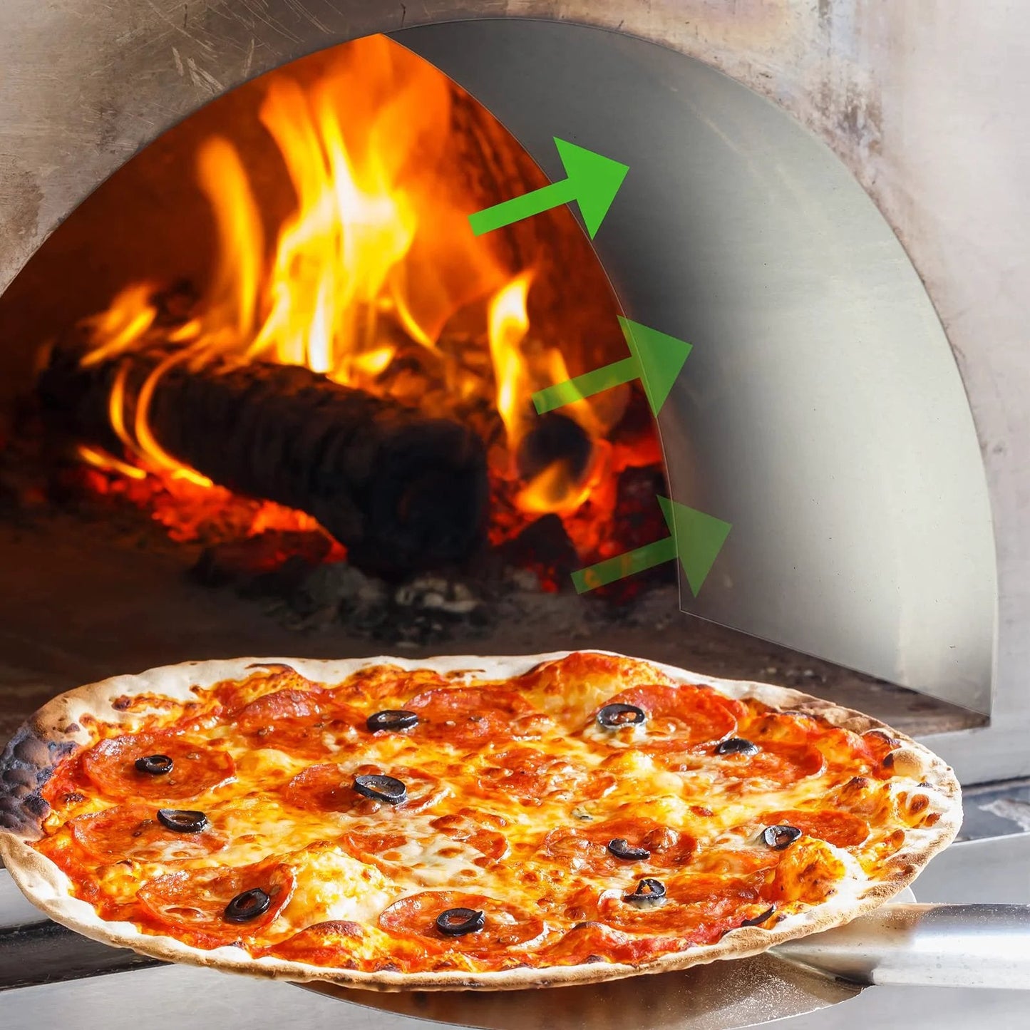 Pizza baking in a wood-fired oven with visible flames, illustrating heat transfer for cooking efficiency.