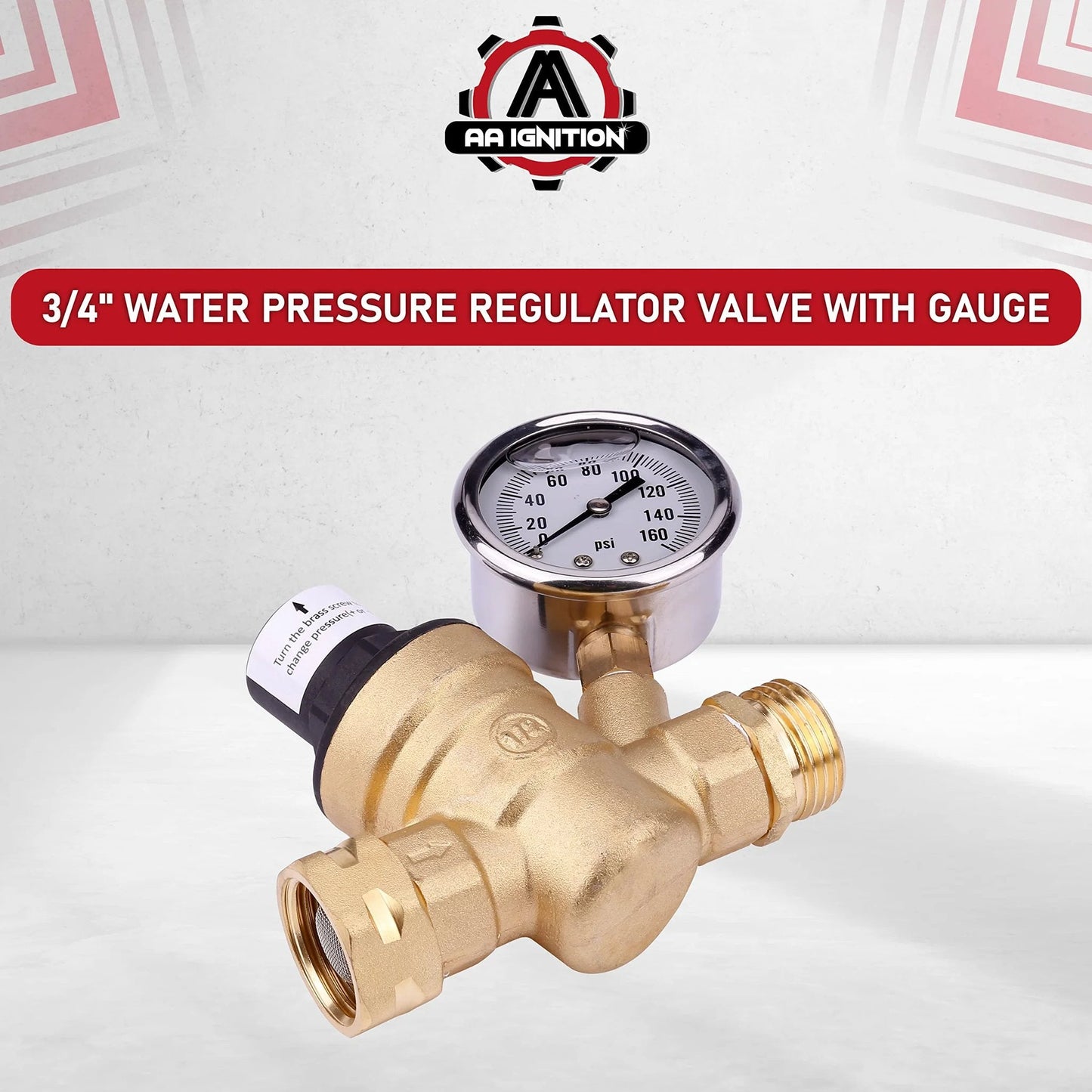 RV Water Pressure Regulator With Gauge, Adjustable From Zero To One Sixty PSI, Three Quarter Inch Water Hose Valve For RVs