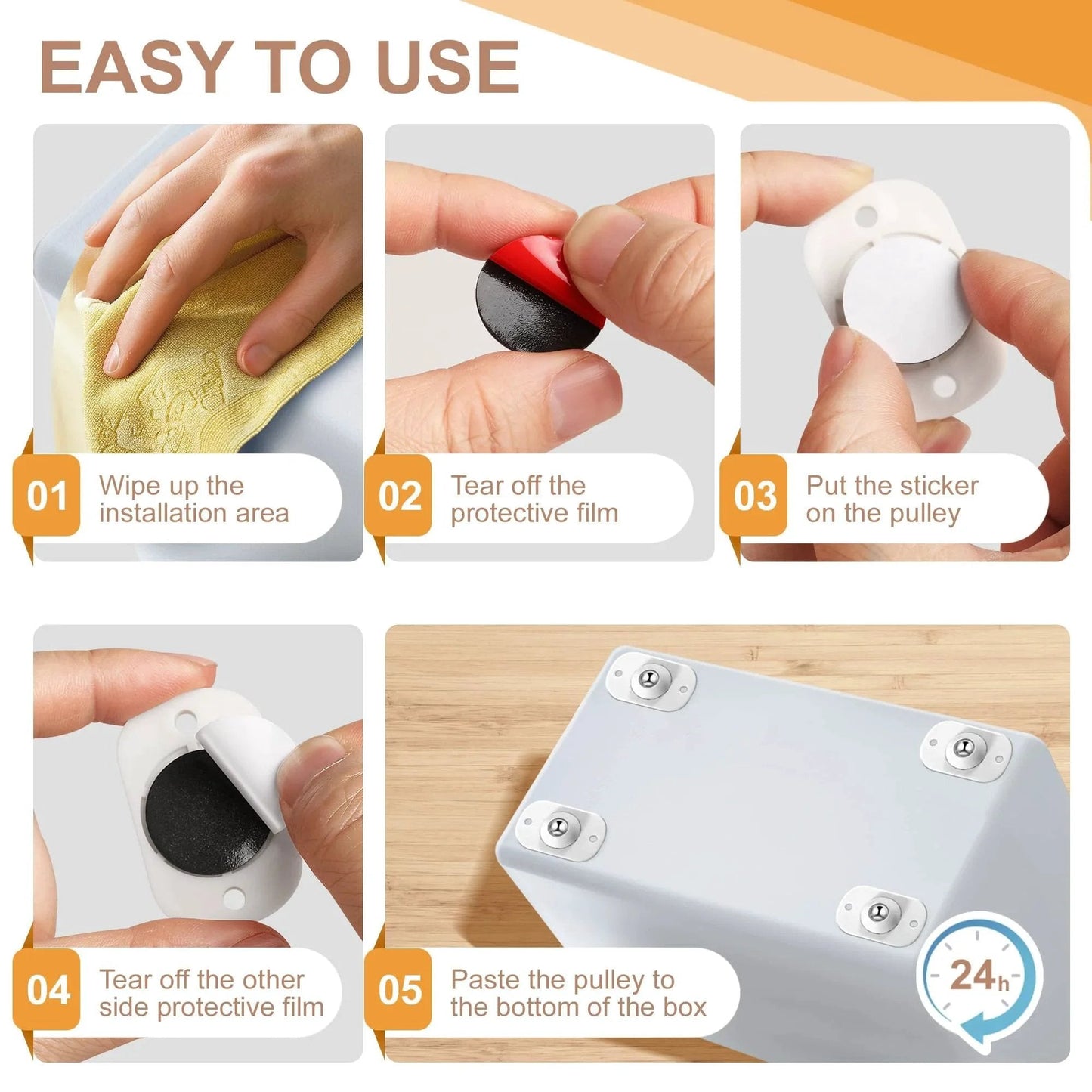 Step-by-step guide to install 8 Pack Self Adhesive Appliance Casters Wheels on a box, showcasing easy adhesive application and 360-degree swivel.