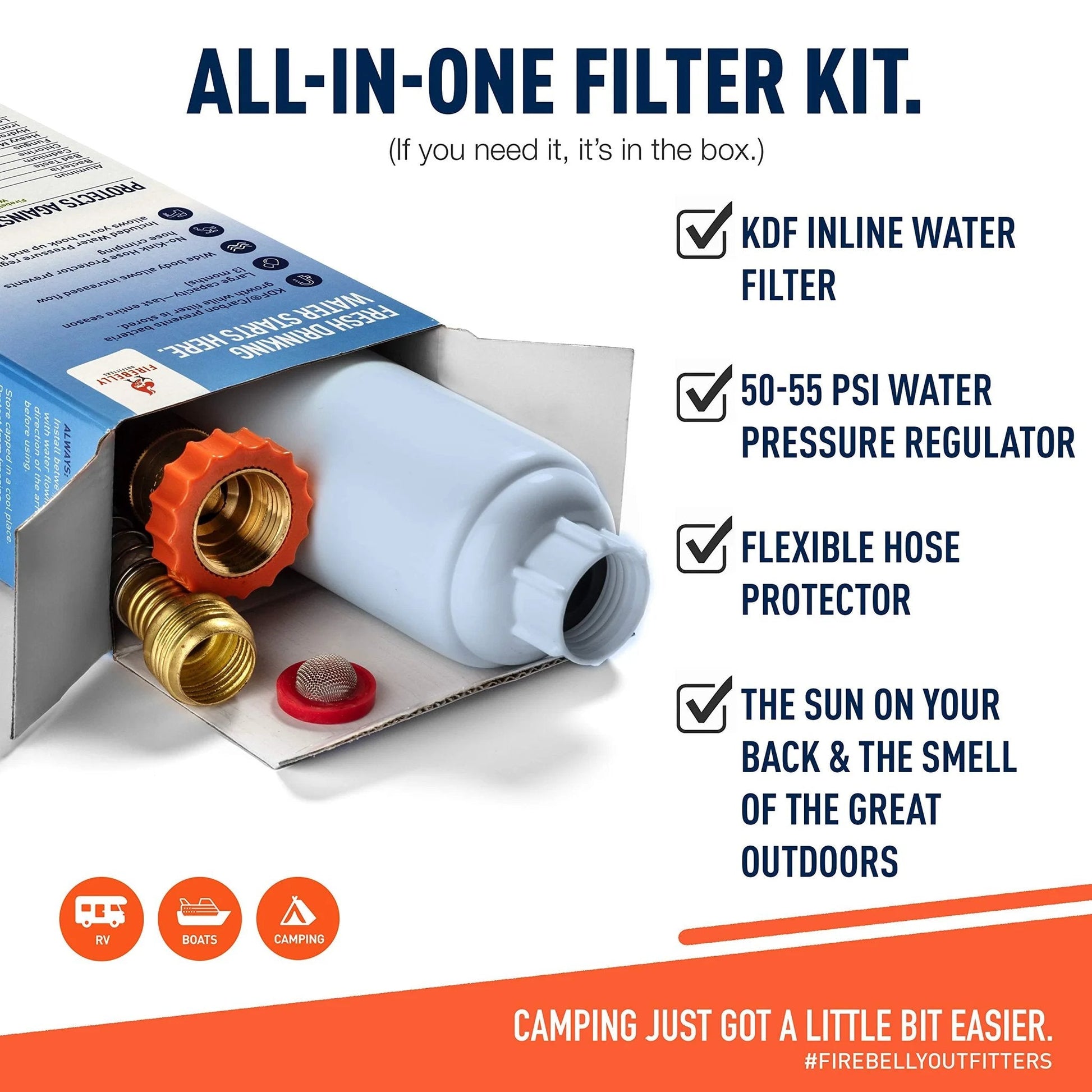 RV Water Filter And Pressure Regulator Kit with KDF inline filter and brass regulator, packaged view