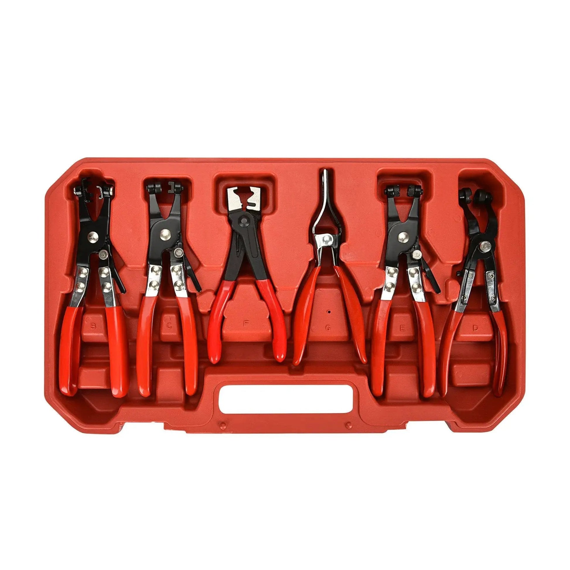 9Pc Hose Clamp Pliers Set With Reach Swivel Jaw Clic R Type For Coolant Hoses in red storage case, front view
