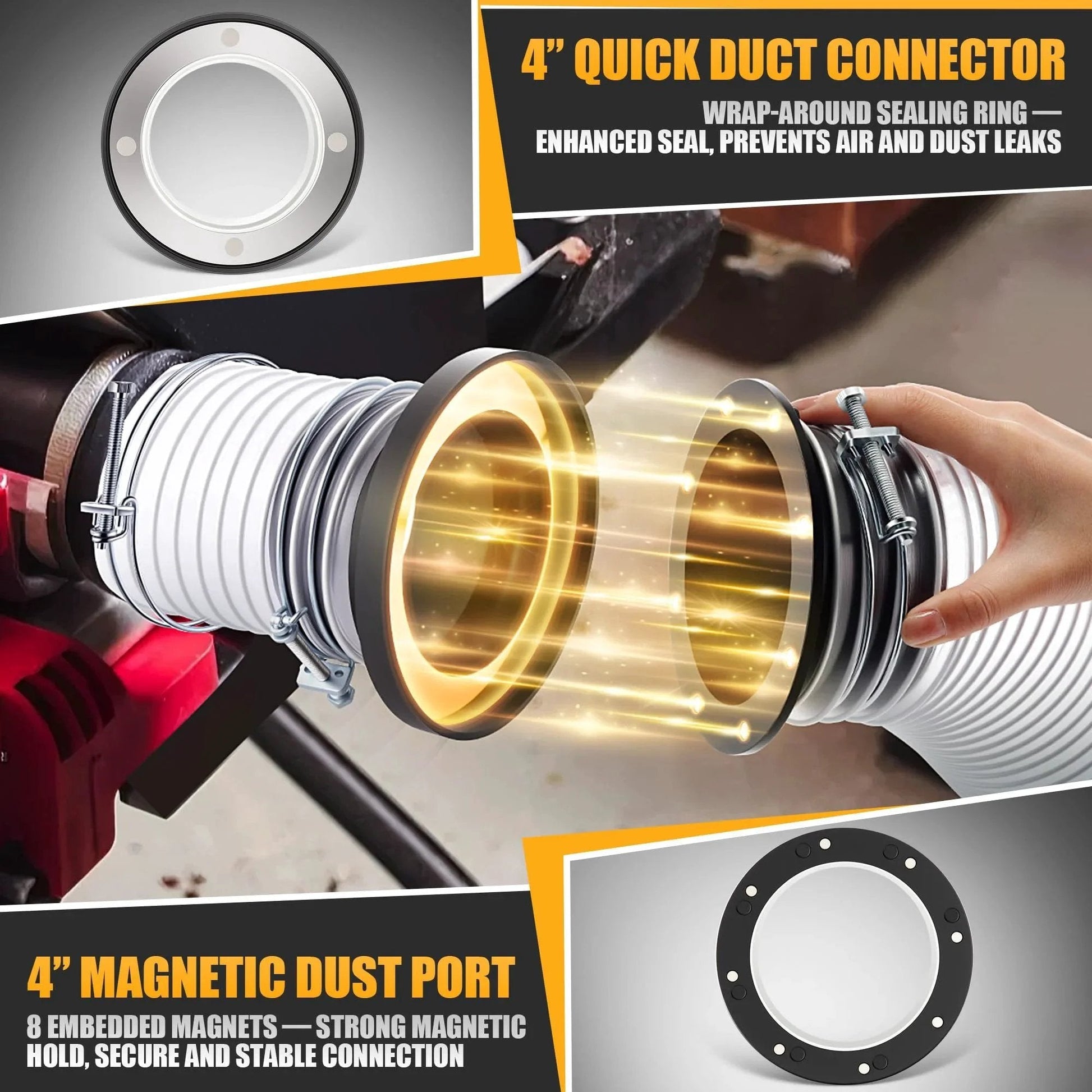 Magnetic Dust Collector Fast Connect System Starter Kit With Neodymium Fittings Hose Couplers And Clamps for 4 Inch Workshop Dust Collection.
