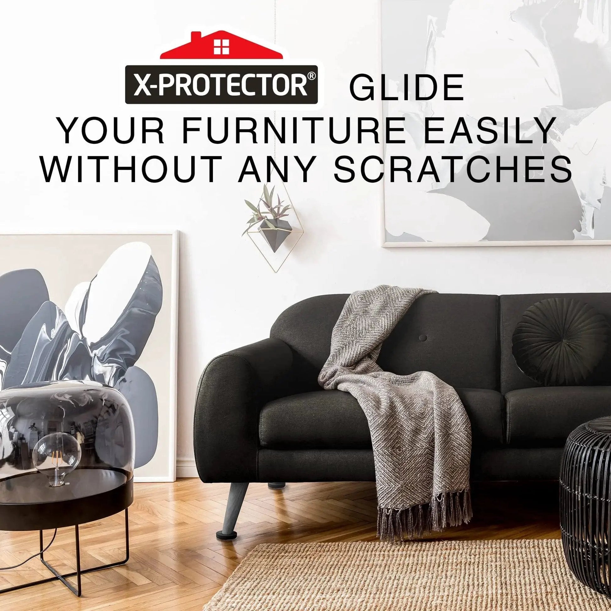 Modern living room with black couch using Heavy Duty Felt Furniture Sliders For Hardwood Floors 16 Piece Set Protect Floors