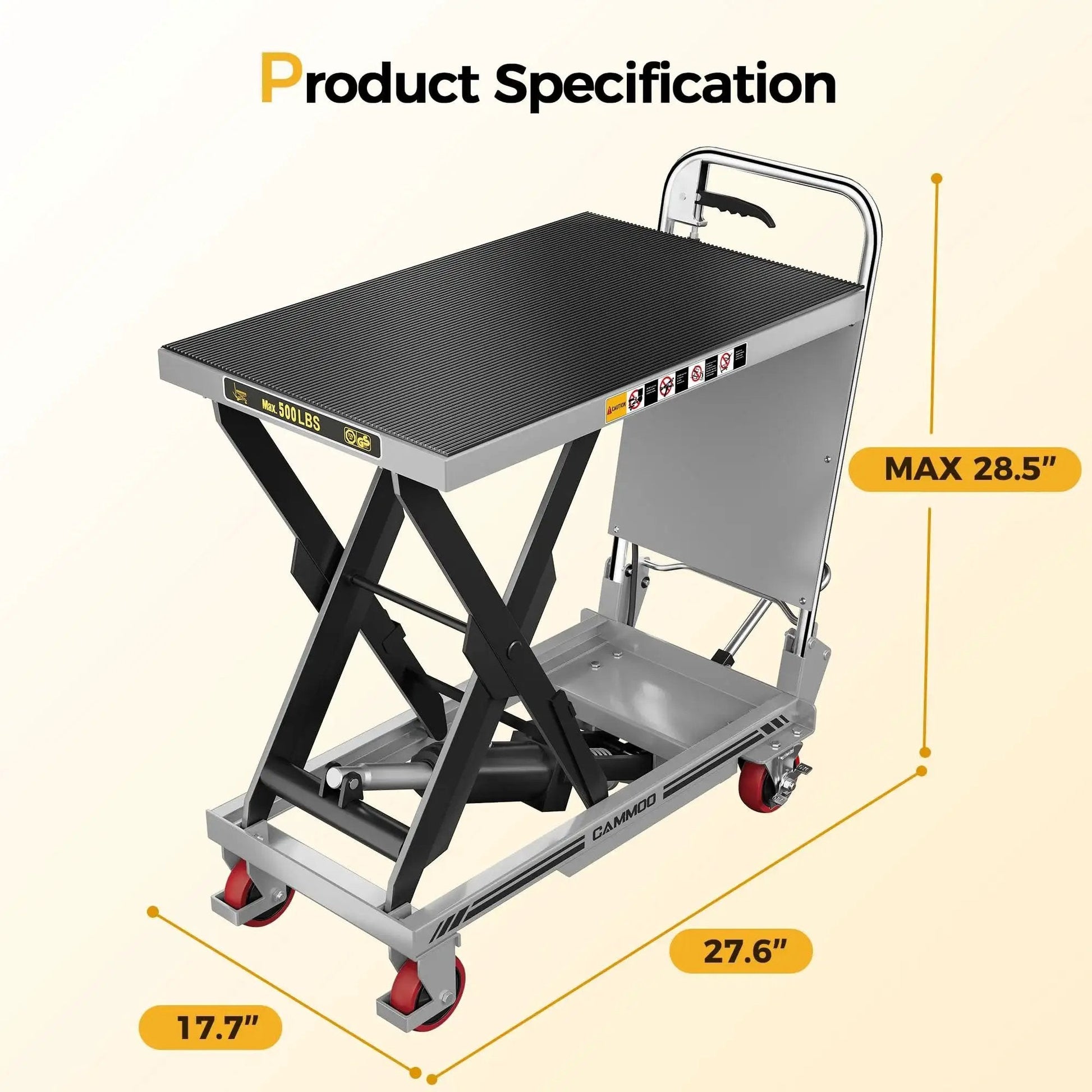 Hydraulic Lift Table Cart 500 Lb 28.5 Inch Lift Foldable Handle Safety Guard, metal with measurements in view.