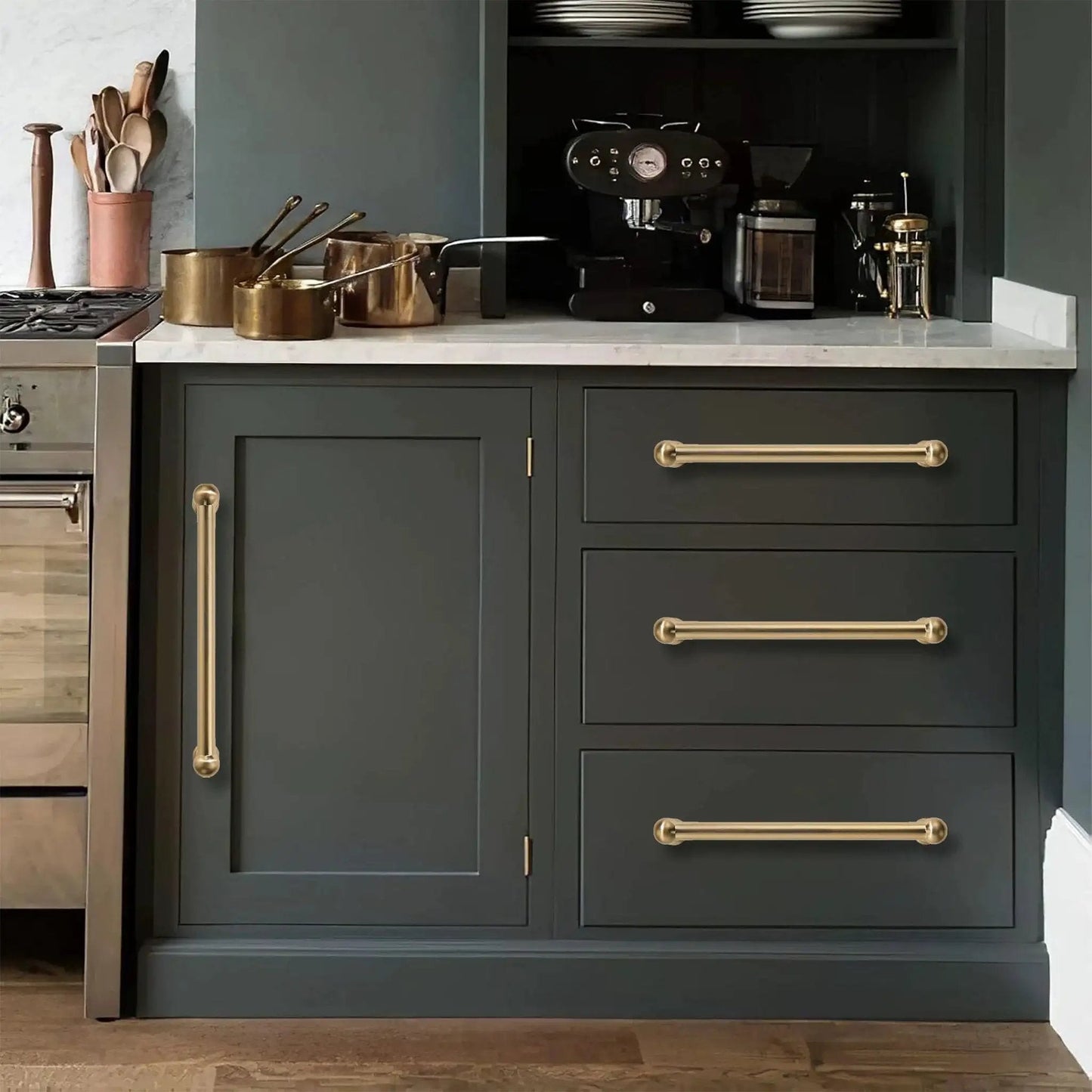 2 Pack 5 Inch Hole Center Brushed Brass Cabinet Pulls Heavy Duty Solid Zinc Alloy Handles installed on kitchen cabinets