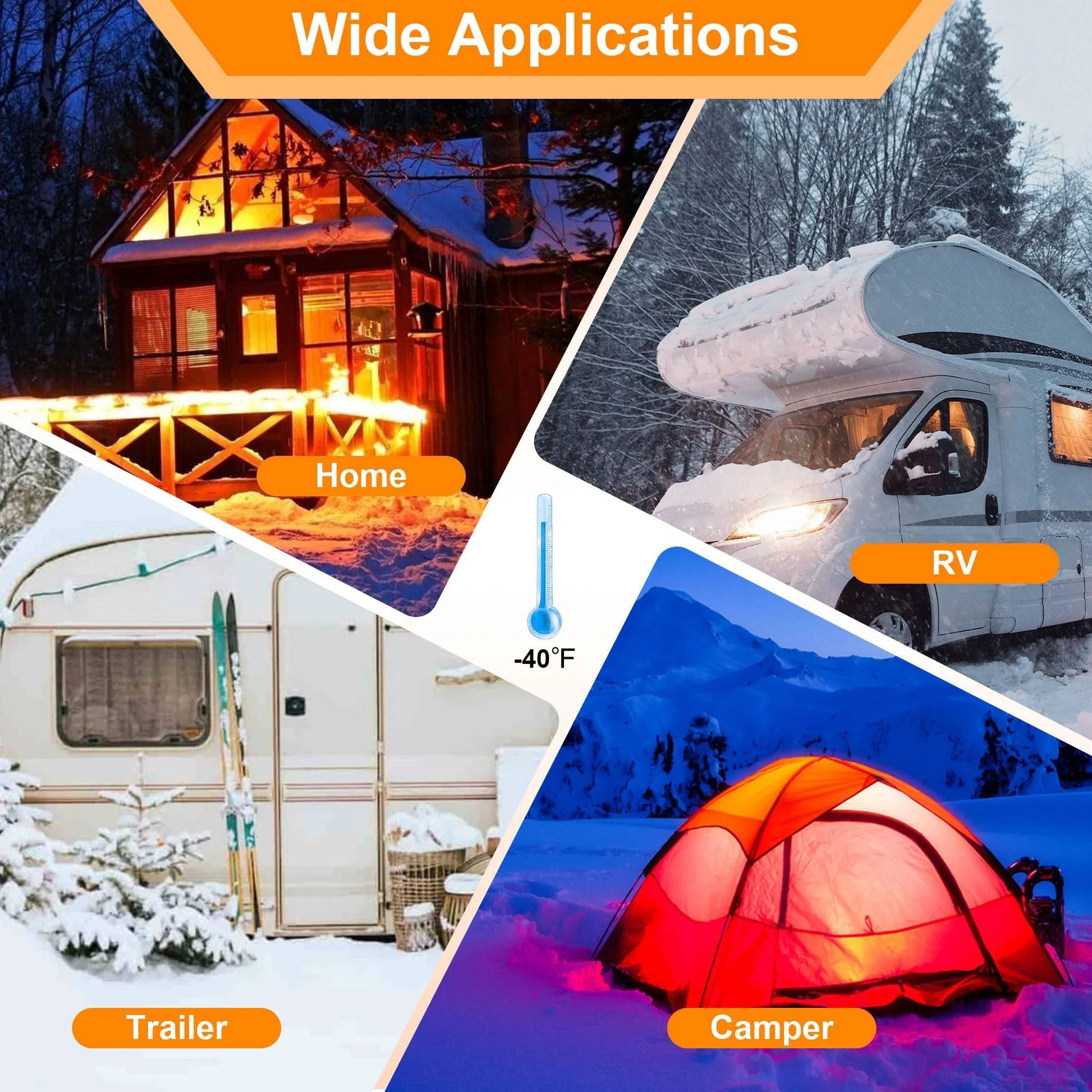 Image showing applications of Heavy Duty Twenty Foot Heated RV Water Hose With Self Reg Thermostat For Freezing Conditions Down To Minus Forty Five Fahrenheit Antifreeze Safe Drinking Water Hose BPA Free No Odor Five Eighth Inch Inner Diameter With Three Quarter Inch GHT Adapter in snowy settings with home, RV, trailer, and camper.