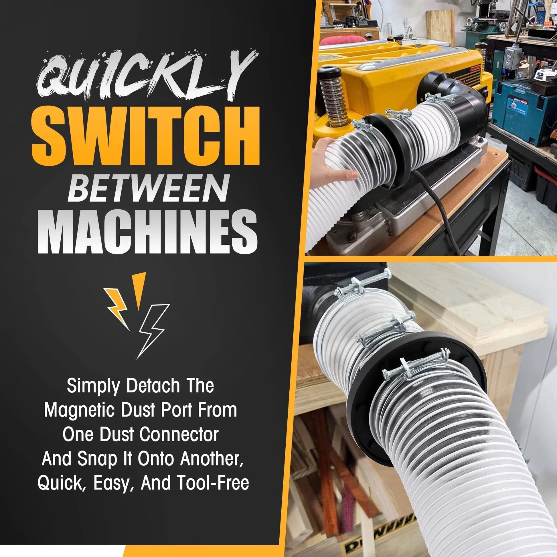 Installation of Magnetic Dust Collector Fast Connect System Starter Kit With Neodymium Fittings Hose Couplers And Clamps For 4 Inch Workshop Dust Collection Ideal For Quick Cleanup And Easy Attachment Saillong on woodworking tool