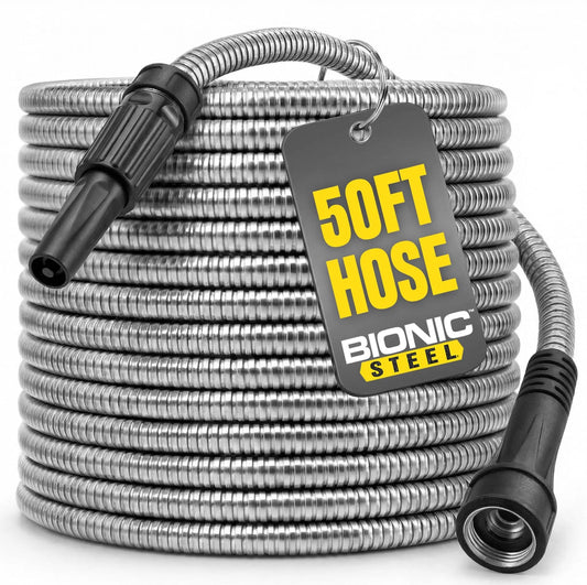 Ultra Durable 50 Ft Five Eighth Inch Stainless Steel Garden Hose With Sprayer Nozzle For Heavy Duty Watering, Non Kinking Design