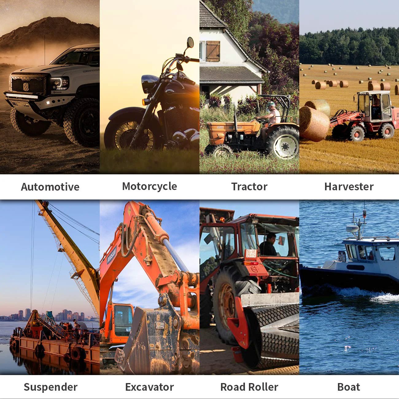 Collage of vehicles including automotive, motorcycle, tractor, harvester, suspender, excavator, road roller, and boat.
