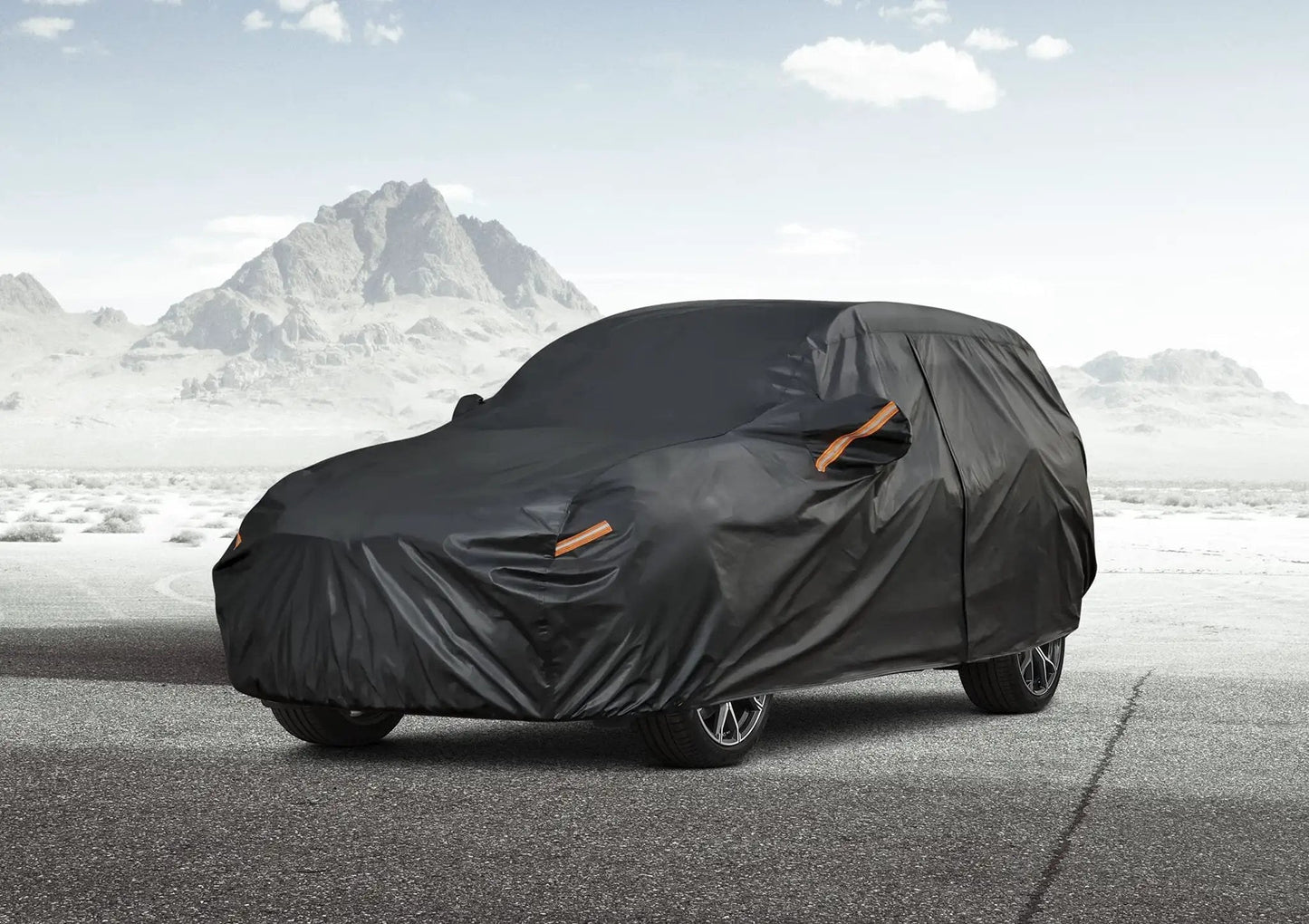 All Weather Heavy Duty SUV Car Cover With Zipper For Outdoor Snow Sun UV Waterproof Exterior Protection Universal Fit For SUVs And Jeeps Up To 181 Inches Kayme on black SUV in outdoor setting.