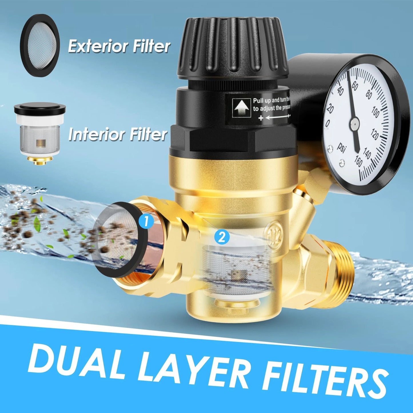 Brass Lead Free RV Water Pressure Regulator With Gauge And Inlet Filter For Campers And Travel Trailers, Adjustable Valve