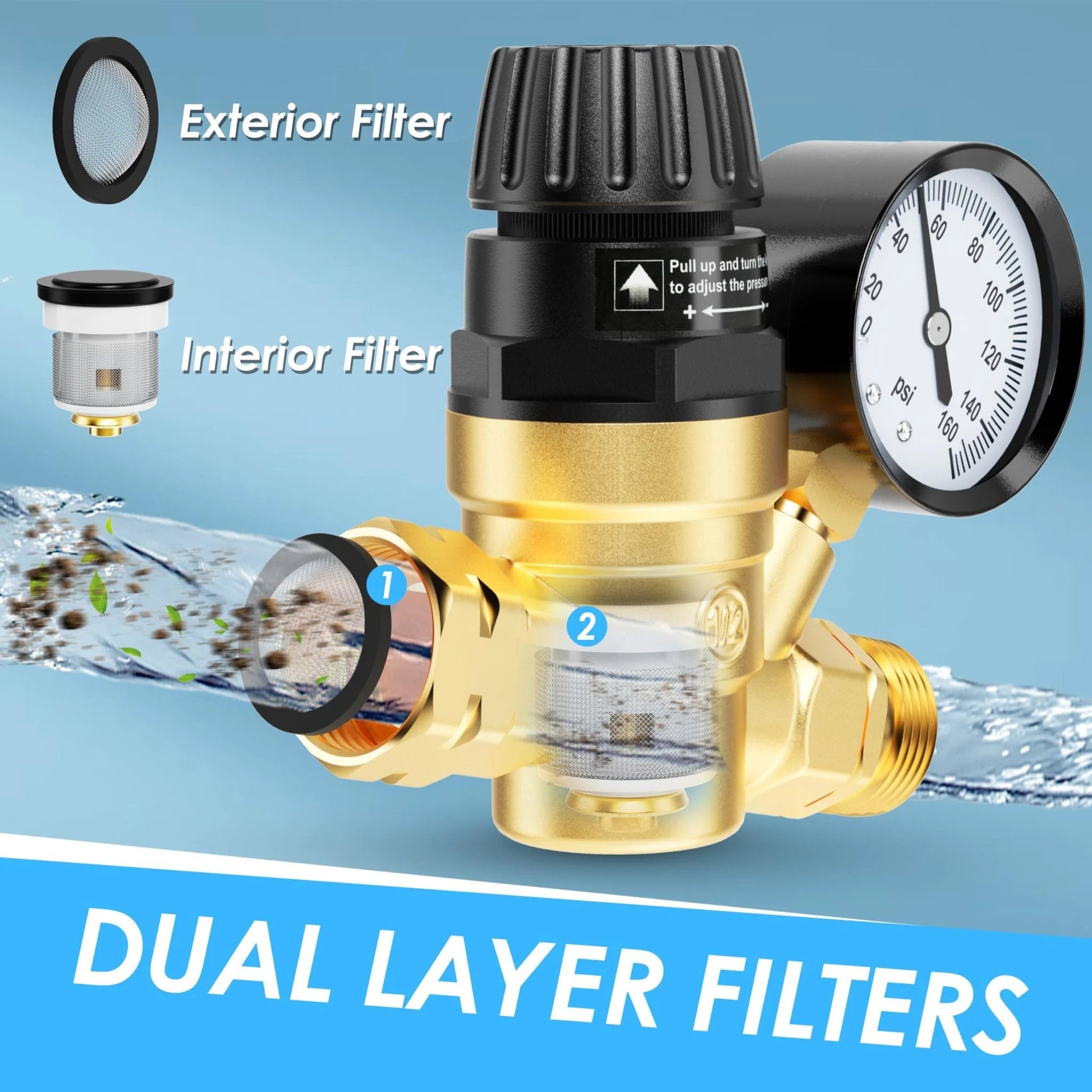 Brass Lead Free RV Water Pressure Regulator With Gauge And Inlet Filter For Campers And Travel Trailers, Adjustable Valve