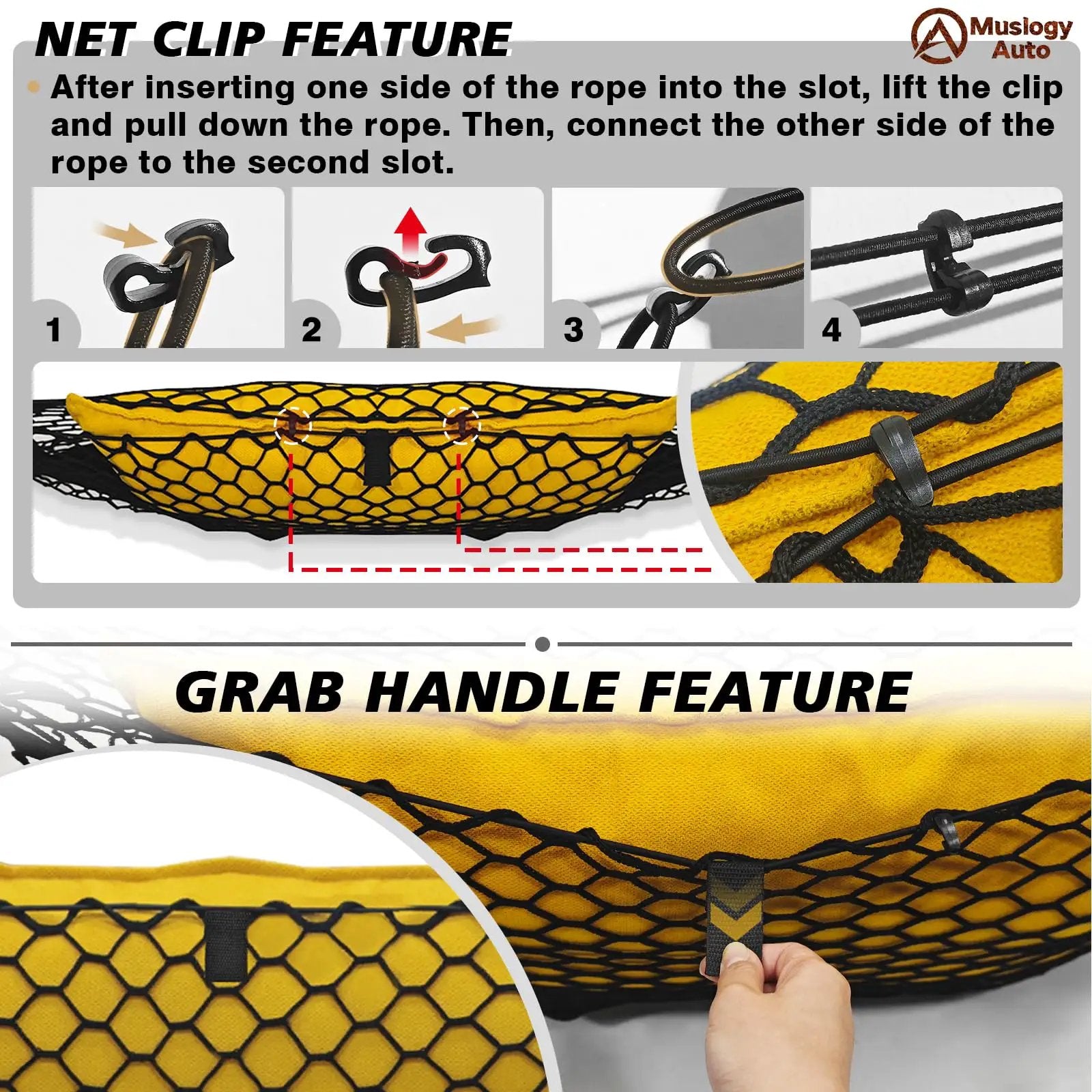 Close-up of truck bed cargo net features including net clip and grab handle for Chevy Silverado and GMC Sierra 2019 to 2025.