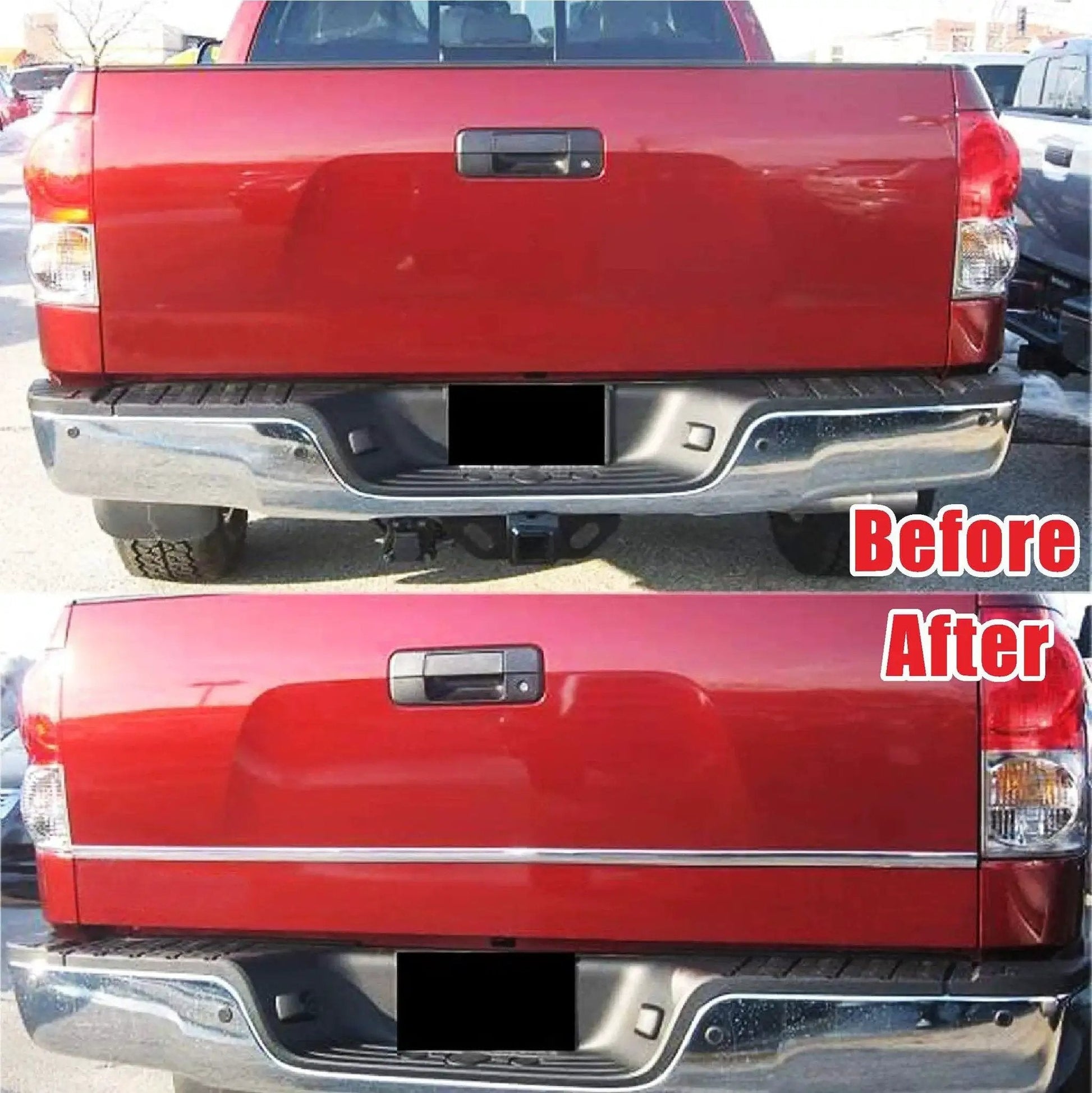 Before and after installation of Universal Car Exterior And Interior Molding Trim Self Adhesive PVC Strip on a red truck tailgate.