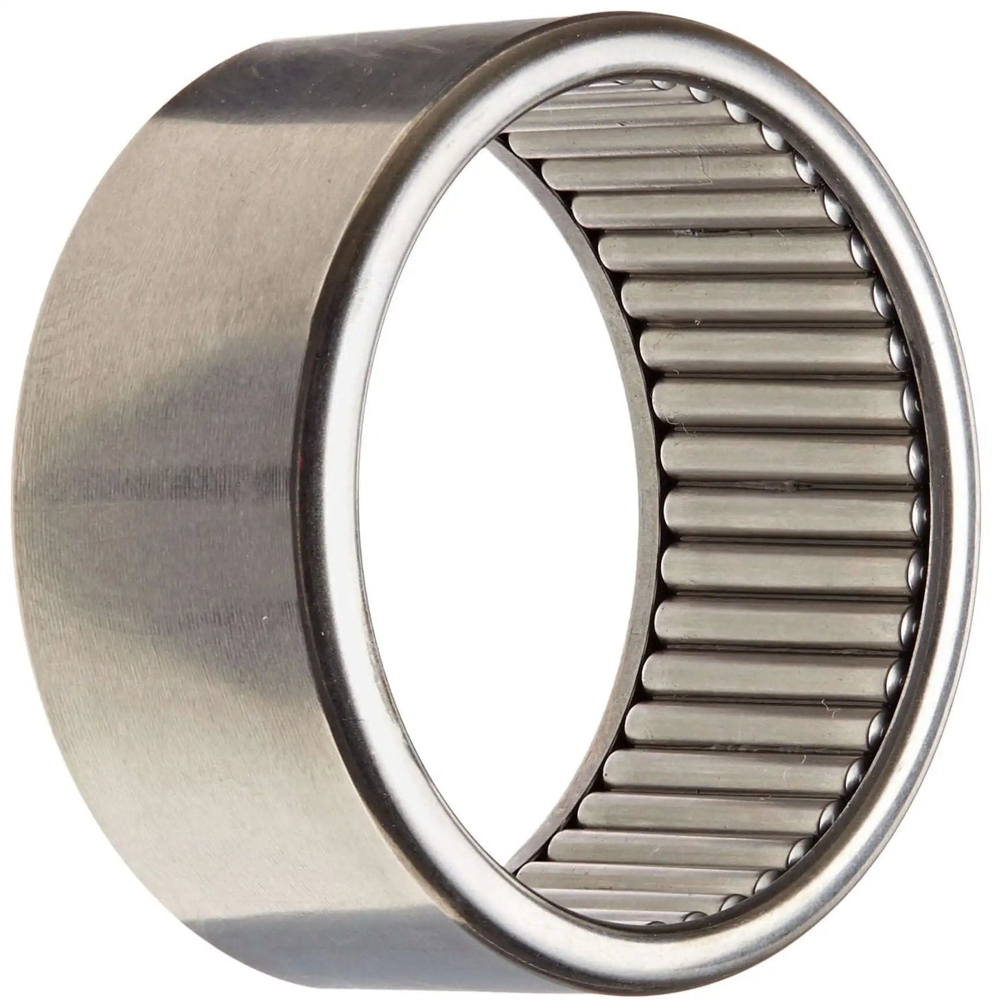 Close-up of needle roller bearing full complement drawn cup, open inch size inner diameter one and three eighths inches, side view.