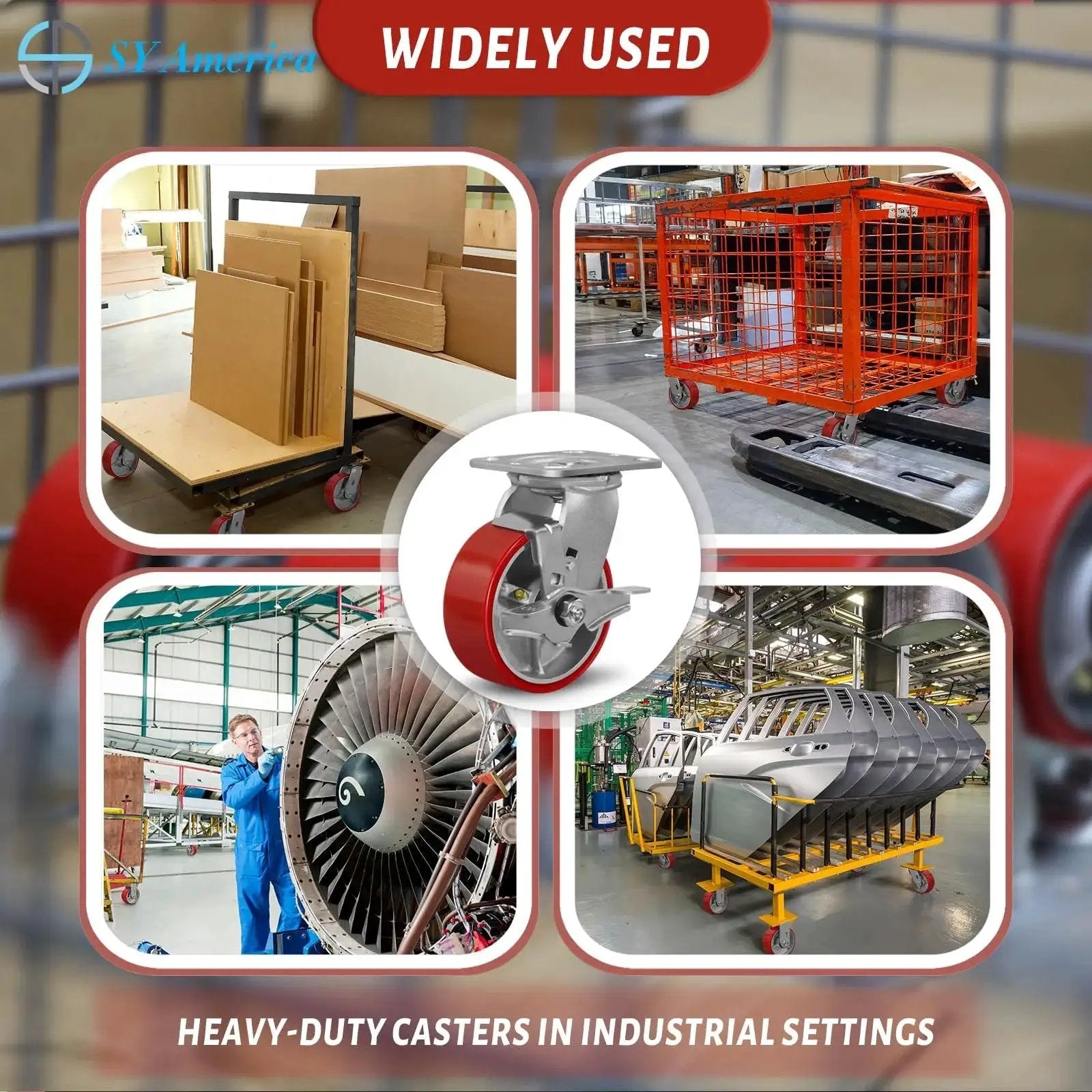 Five Inch By Two Inch Caster Set Of Four Heavy Duty Industrial Casters With Non Marking Polyurethane Tread On Silver Cast Iron Core displayed in industrial use scenes