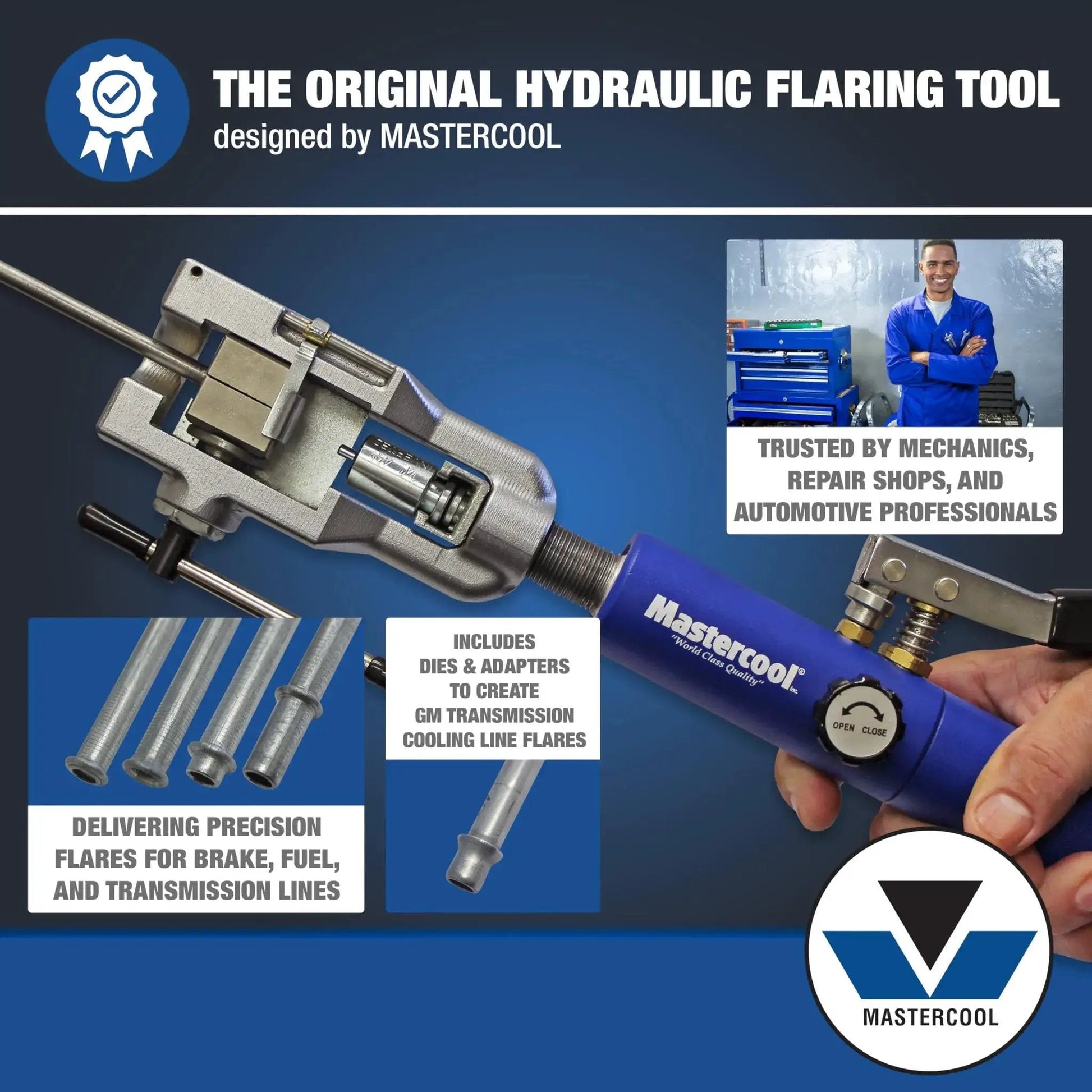 Universal Hydraulic Flaring Tool For 45 Degree Flares With Push Connect GM Lines shown with dies and adapters