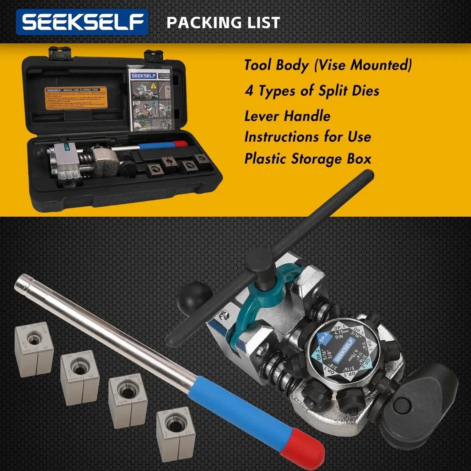Brake Line Flaring Tool Kit For 45 Degree Flares 3/16 1/4 5/16 3/8 Tubing with die blocks and lever handle