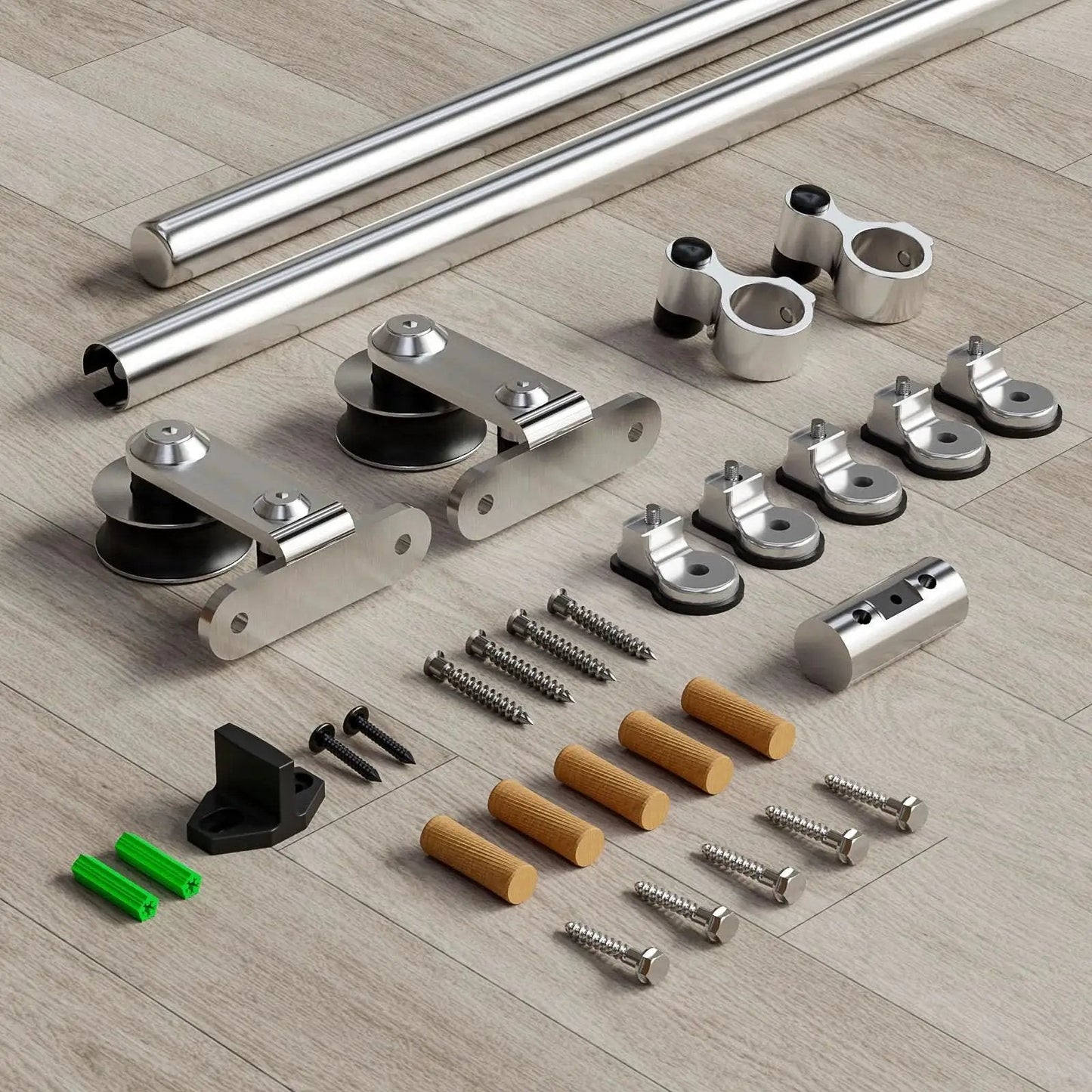 Components of 5.5 Foot Stainless Steel Sliding Track Barn Door Hardware Kit for Single Door with roller bearings and brackets.