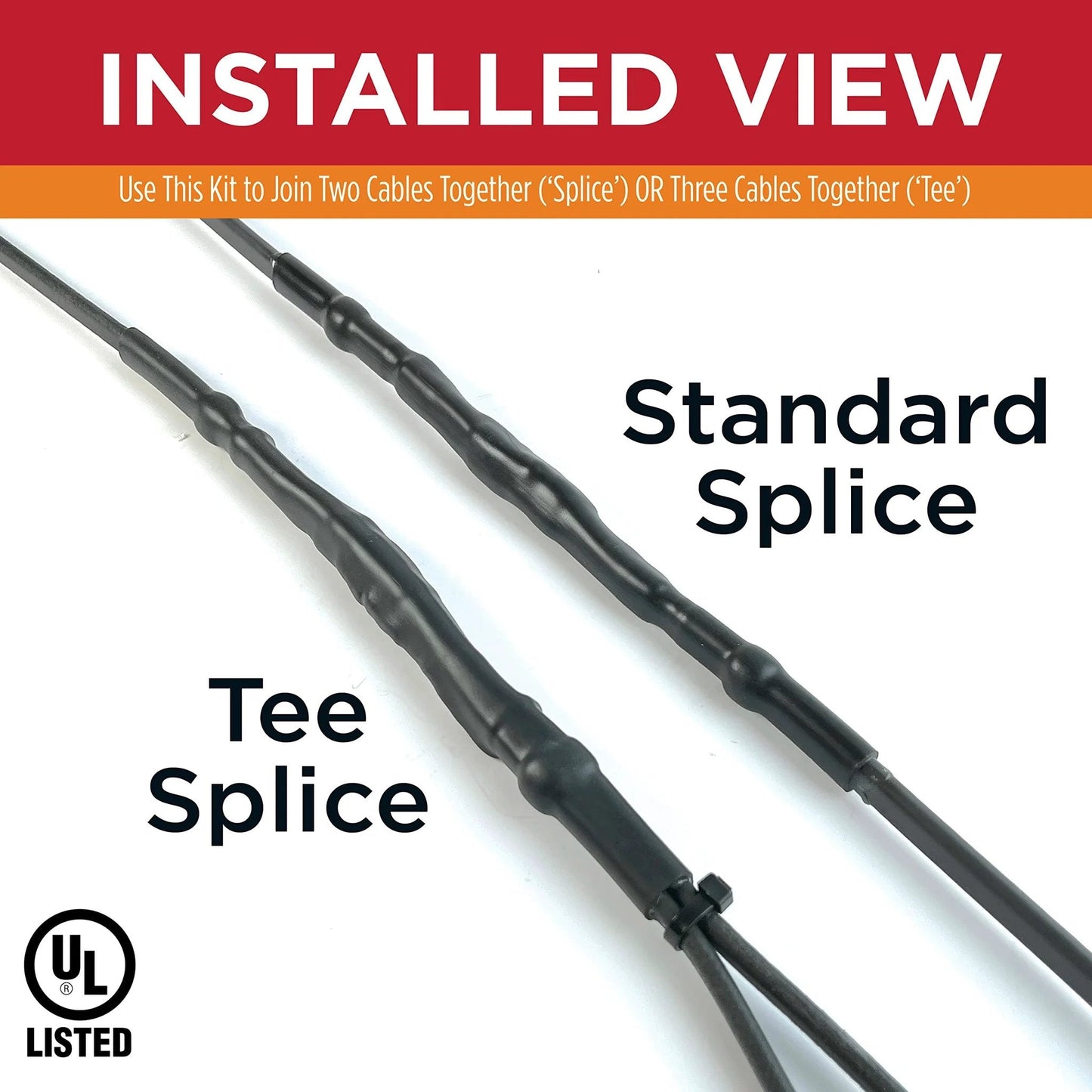 Installed view of UL Listed Universal Tee And Splice Kit For 10-13mm Self Regulating Heat Cable showing standard and tee splice connections.