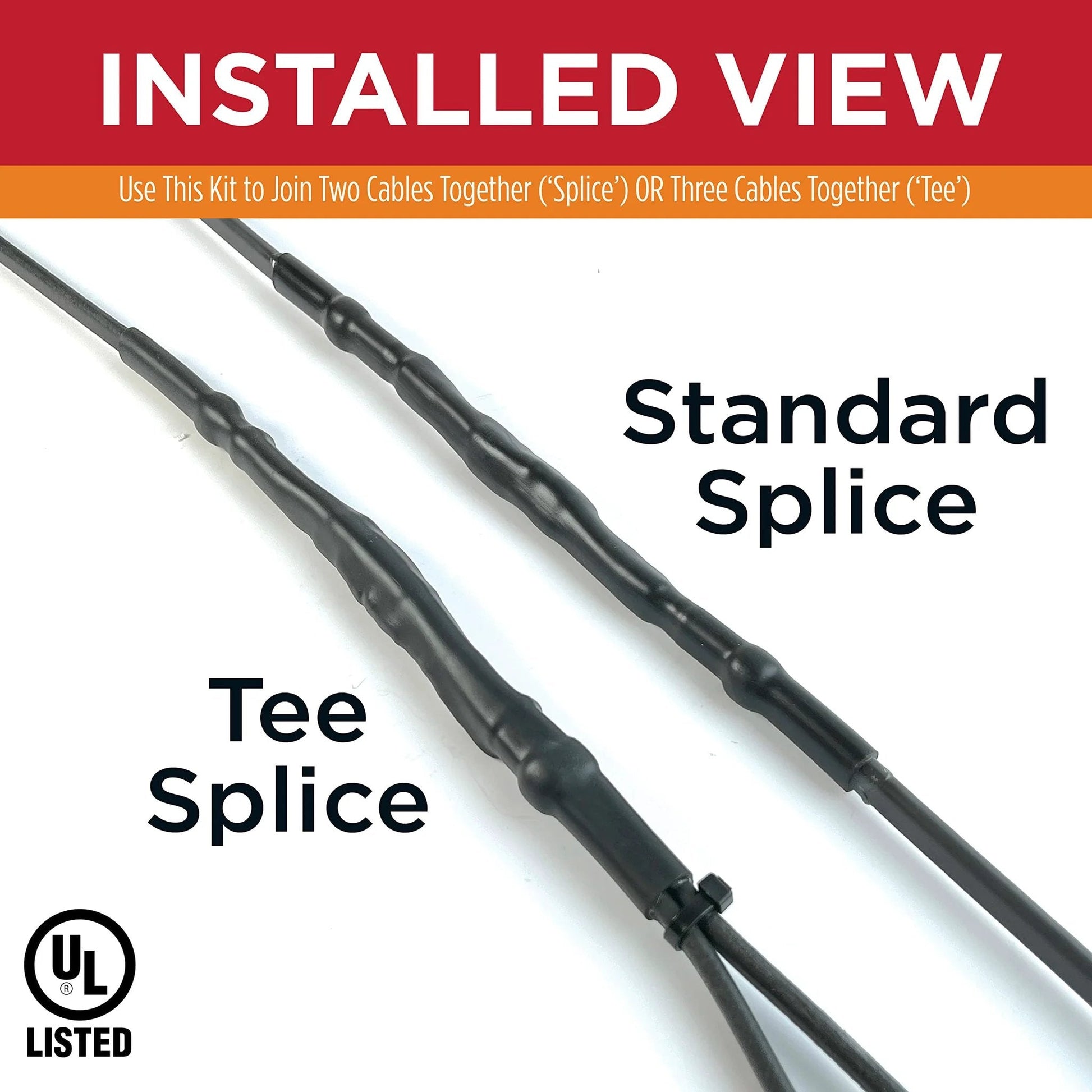 Installed view of UL Listed Universal Tee And Splice Kit For 10-13mm Self Regulating Heat Cable showing standard and tee splice connections.