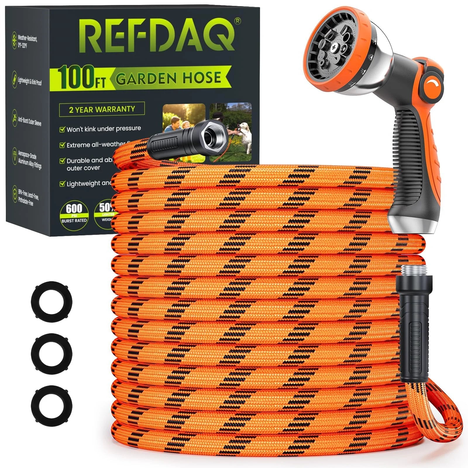 Heavy Duty Non Expandable Garden Hose 100 Ft With 10 Function Sprayer Delivers Steady Water Pressure Anti Kink Burst Resistant Leak Proof High Pressure Lightweight Flexible Hose For Easy Yard Work By REFDAQ