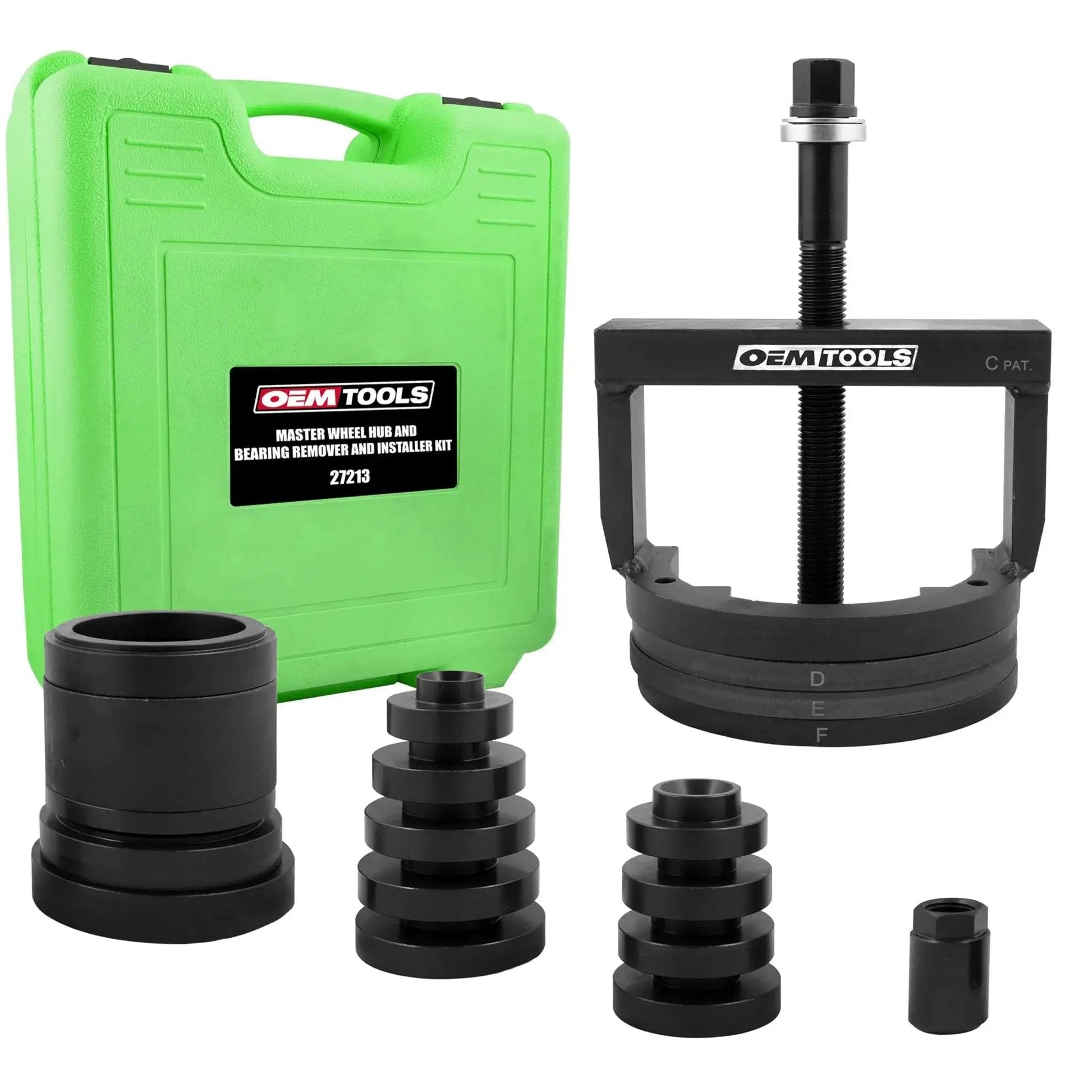 Master Wheel Hub And Bearing Remover And Installer Kit For Front And Rear Bearings No Shop Press Needed shown with green case and tools