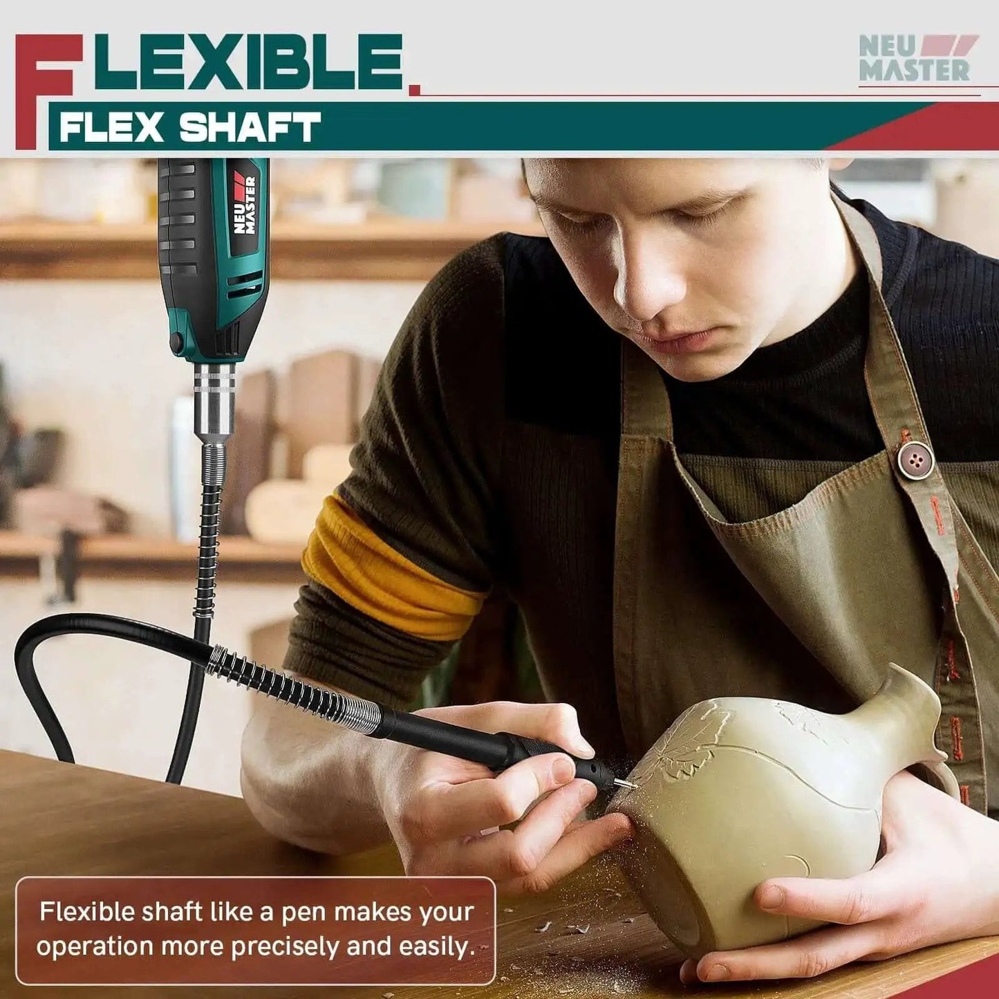 Person using powerful 180W rotary tool kit with corded power 160 accessories 6 variable speeds for DIY craft on pottery