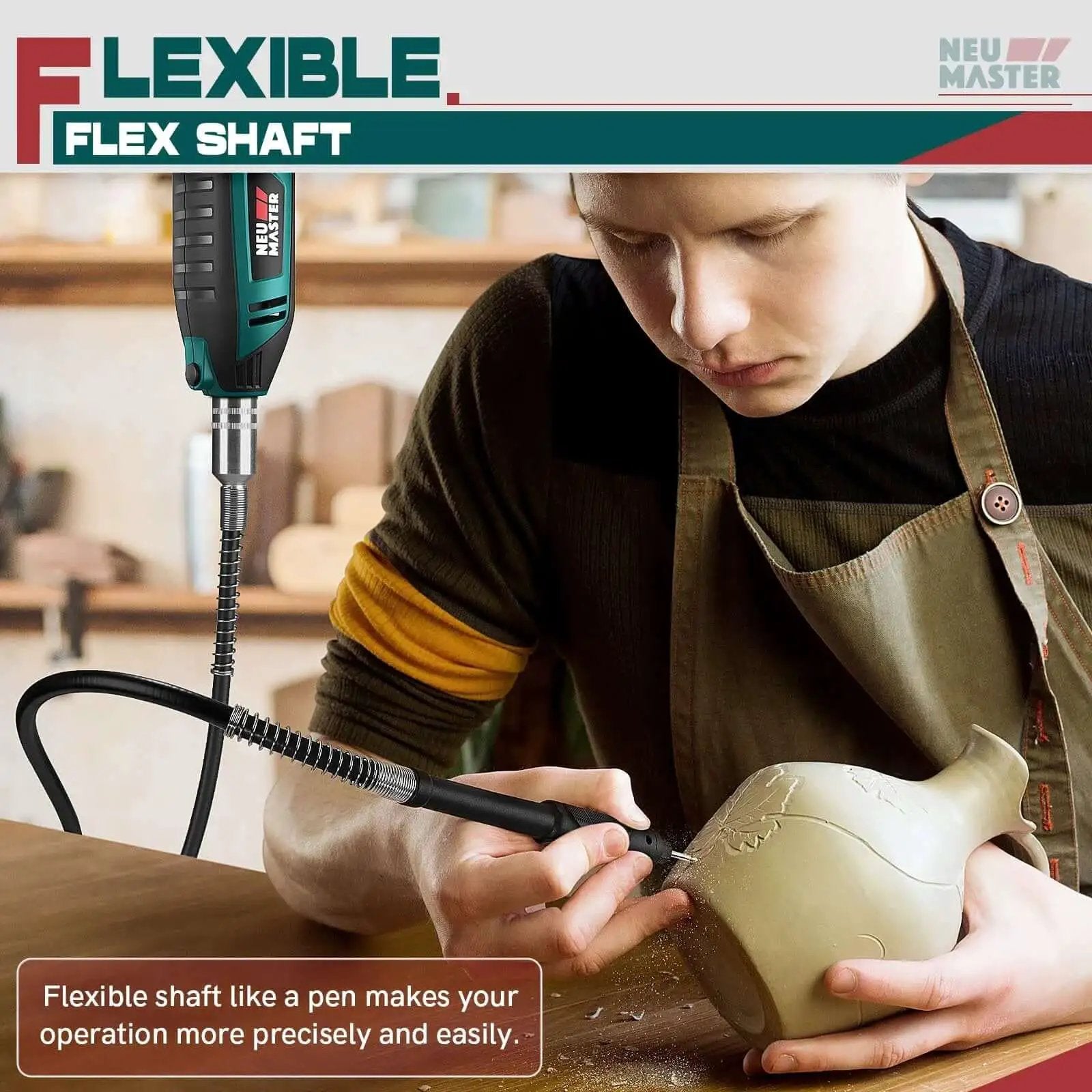 Person using powerful 180W rotary tool kit with corded power 160 accessories 6 variable speeds for DIY craft on pottery