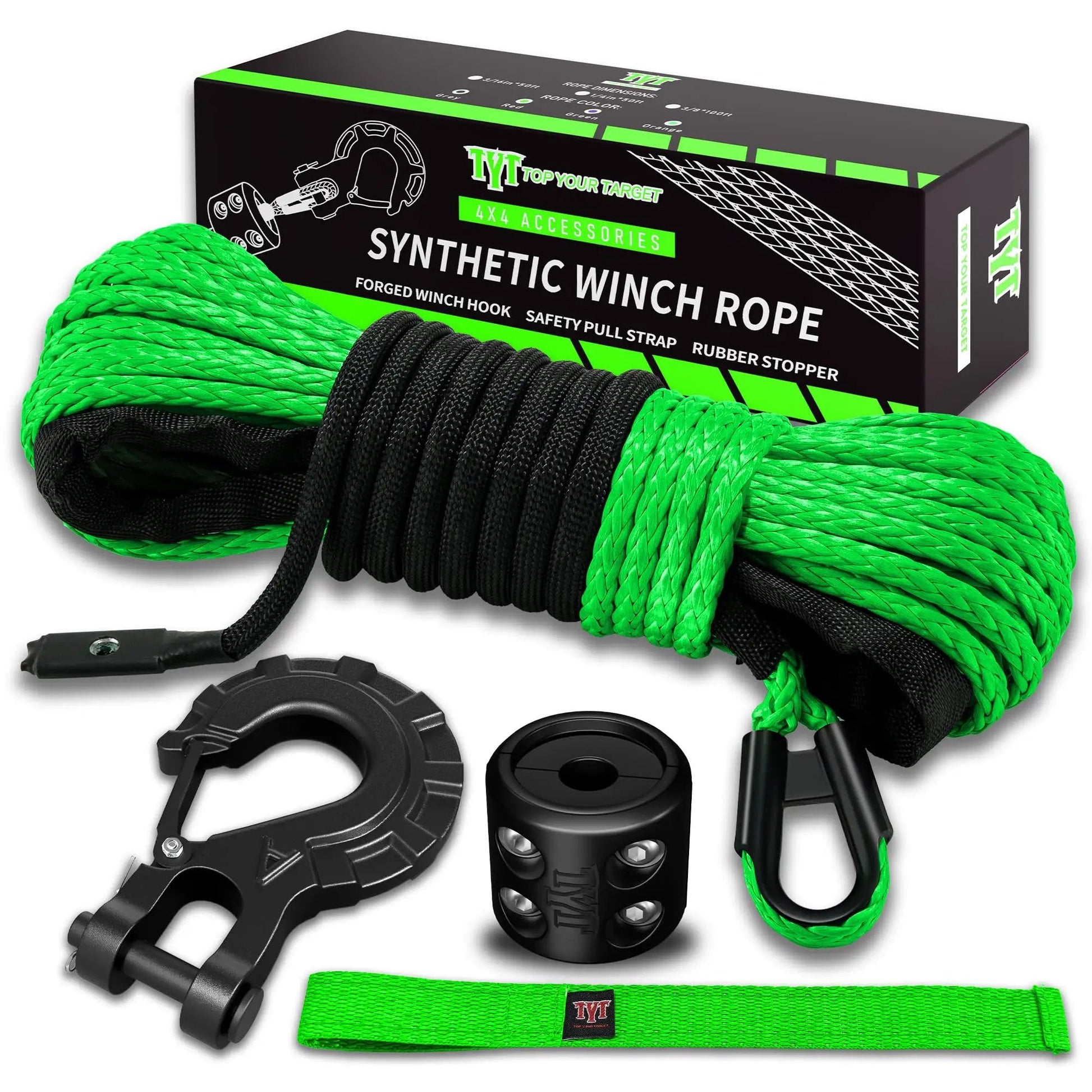 Synthetic Winch Rope Kit For ATV UTV And Off Road Vehicles One Quarter Inch By Fifty Foot 10000 Lbs with rubber stopper and hook