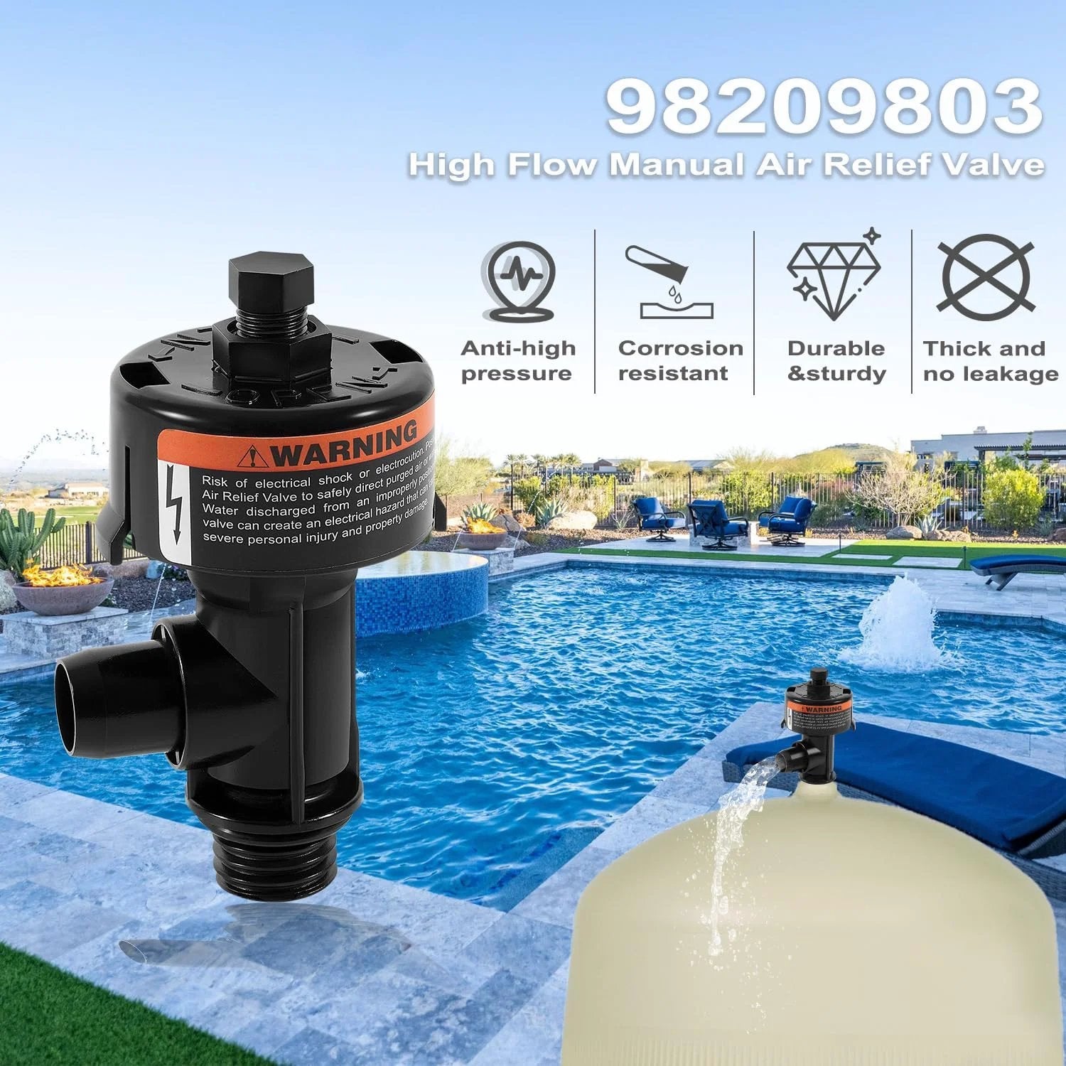 High Flow Manual Air Relief Valve for Pool and Spa Filters shown by a poolside with installation example