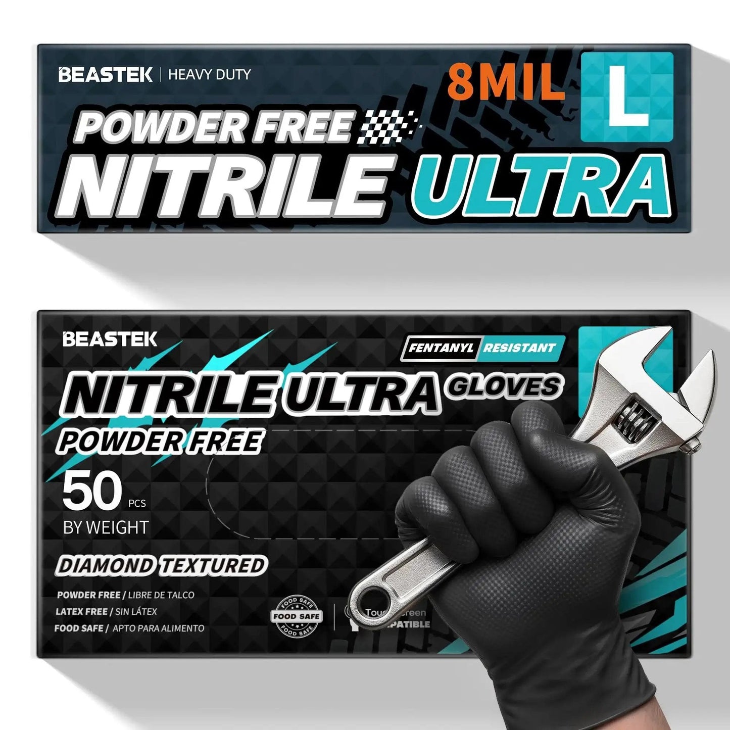 Black 8 Mil Nitrile Disposable Glove gripping wrench, diamond textured, food safe, large size packaging shown