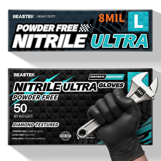 Black 8 Mil Nitrile Disposable Glove gripping wrench, diamond textured, food safe, large size packaging shown