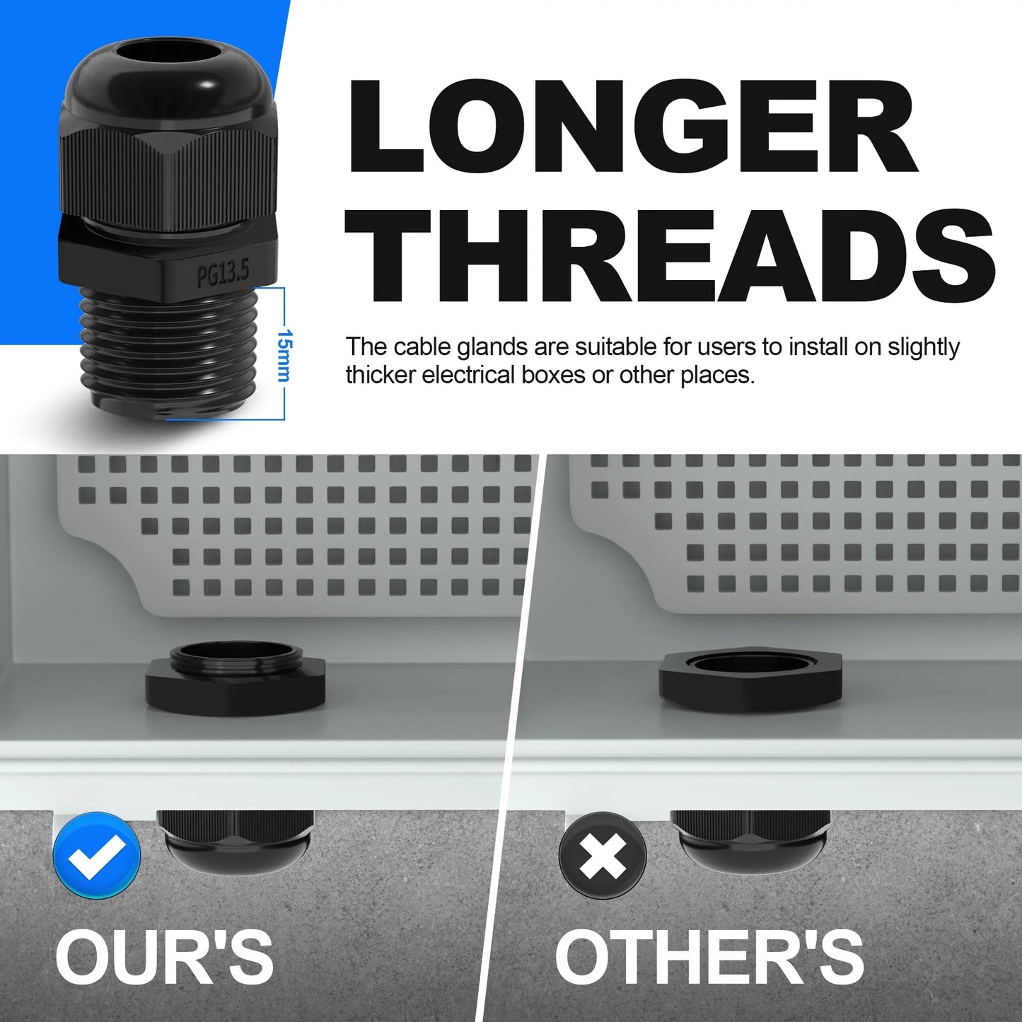 72 Piece Cable Glands Kit Waterproof Strain Relief Cord Grip Weatherproof Pass Through PG7 One Quarter Inch One Half Inch Three Quarter Inch One Inch NPT Wire Grommets With Extra Long 15mm Thread For Thick Electrical Boxes showing longer threads comparison; our's vs other's displayed.