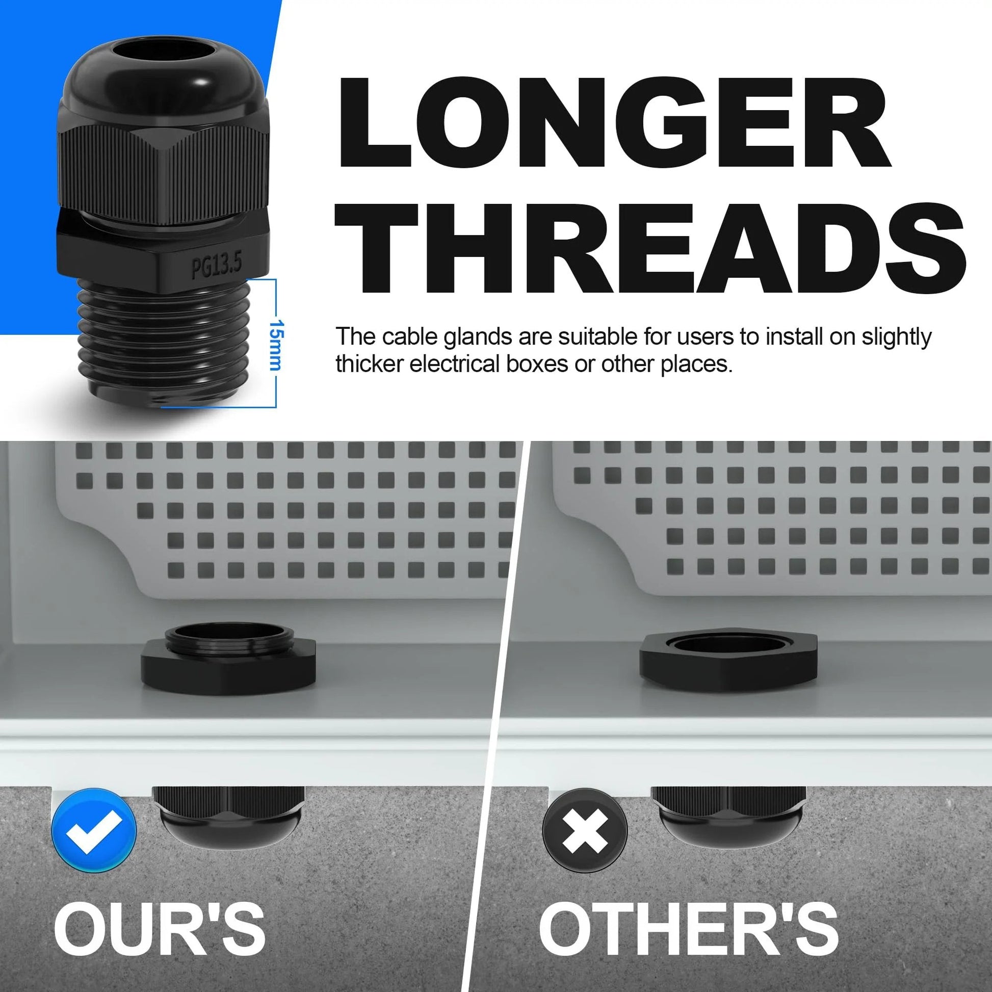 72 Piece Cable Glands Kit Waterproof Strain Relief Cord Grip Weatherproof Pass Through PG7 One Quarter Inch One Half Inch Three Quarter Inch One Inch NPT Wire Grommets With Extra Long 15mm Thread For Thick Electrical Boxes showing longer threads comparison; our's vs other's displayed.