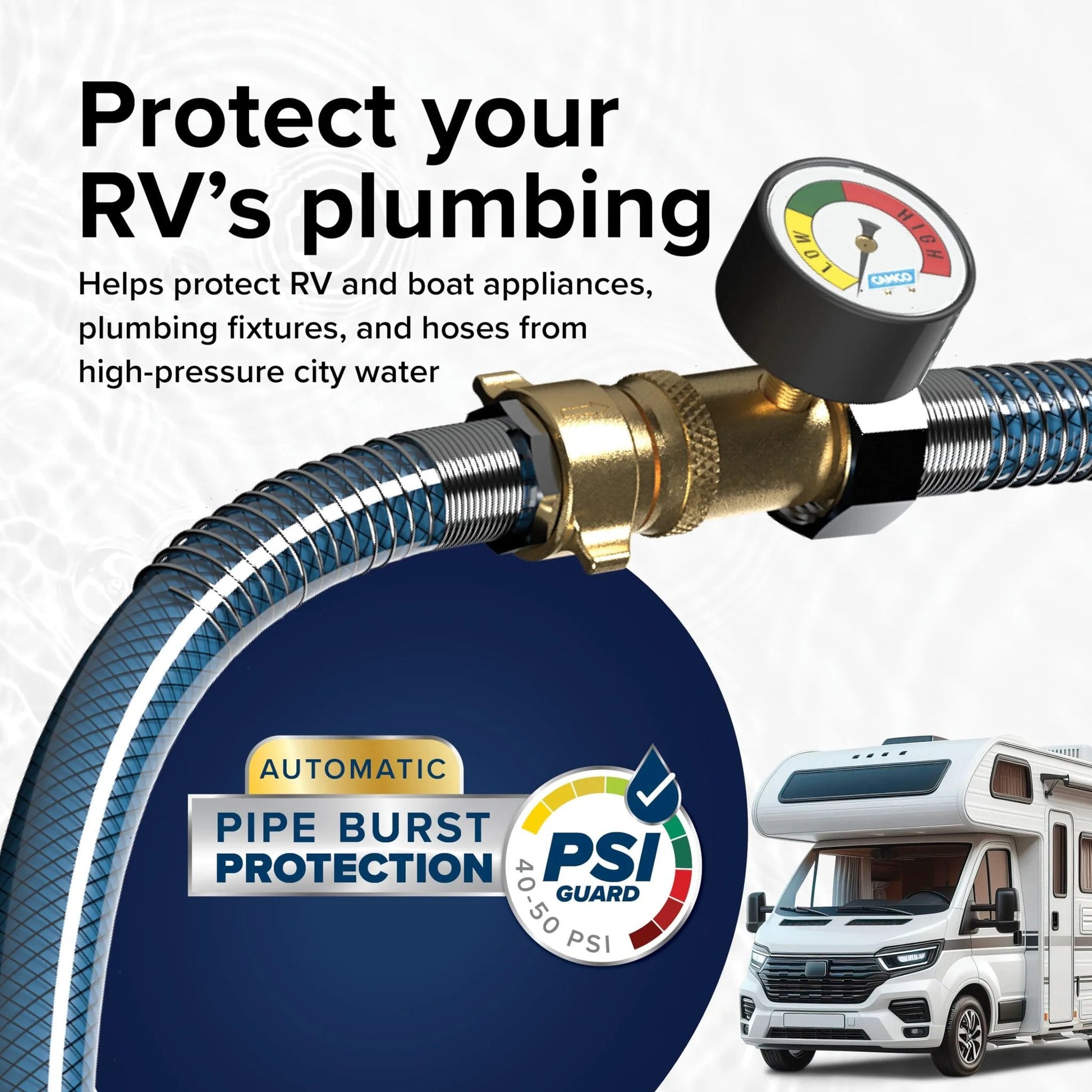 Brass Water Pressure Regulator With Gauge For RVs And Campers Easy Read Gauge Protects Hoses And Plumbing From High City Water Pressure Prevents Burst Pipes On The Road Camco installed on hose with close-up of gauge and RV.