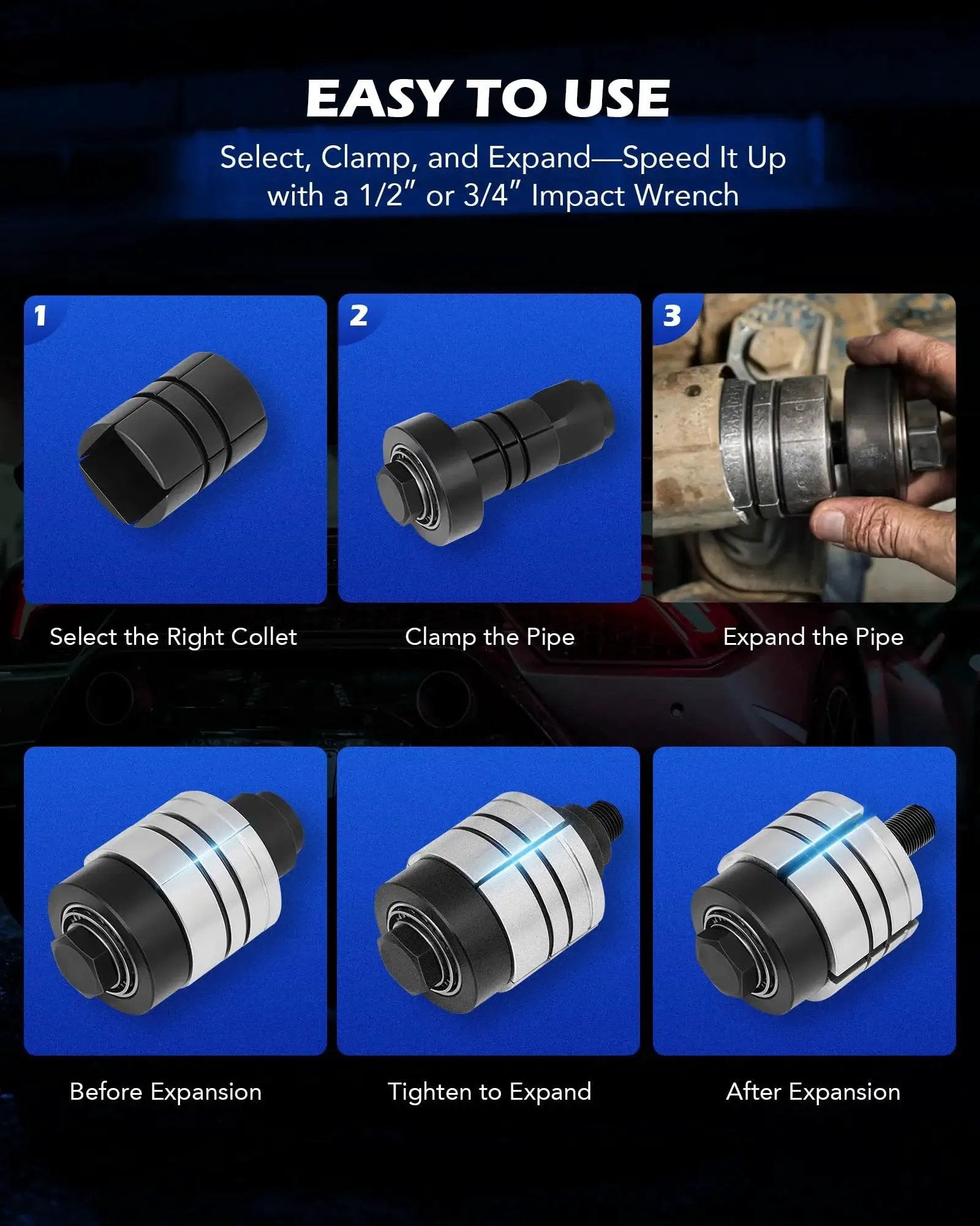 Exhaust Pipe Expander Kit 1 5 Eighth To 4 1 Quarter Inch Hex 28 Mm Storage Case steps for use shown with photos of collet and pipe expansion