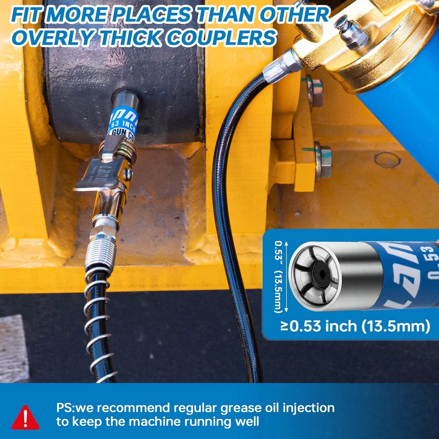 Compact 0.53 Inch Grease Gun Coupler With Locking Quick Release No Leakage Up To 12000 PSI One Eighth NPT Fitting attached to machinery