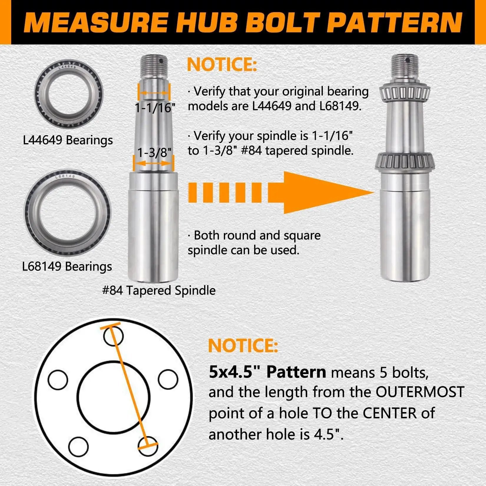 Diagram showing 5 On 4.5 Inch Galvanized Trailer Hub Kit components with bearings L44649 and L68149, spindle sizes 1-1/16 to 1-3/8 inch.