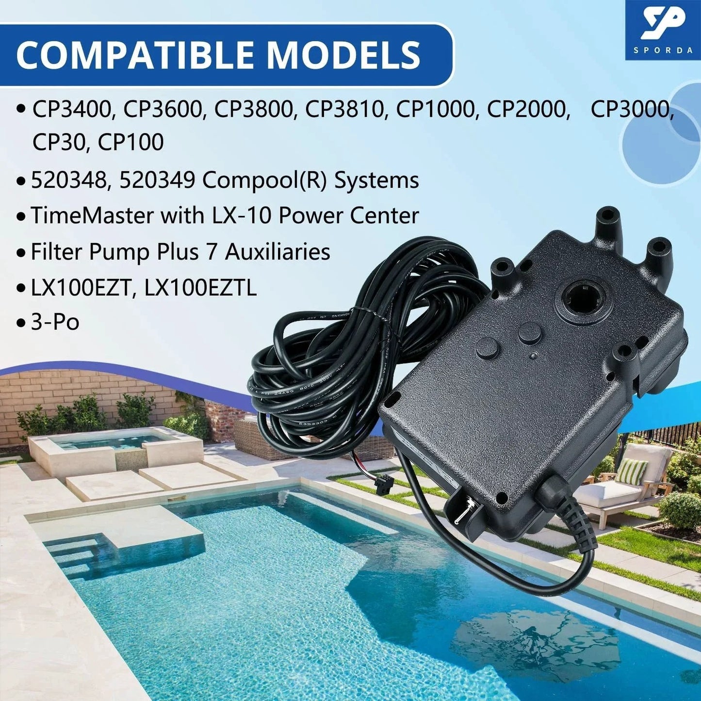 CVA 24T Valve Actuator For 24VAC Pool Automation Systems Plug And Play Direct Replacement For Pentair 263045 And Compatible With EasyTouch IntelliTouch CP3400 CP3810 And Other 24 Volt Control Boards SPORDA shown with compatibility list next to a pool.