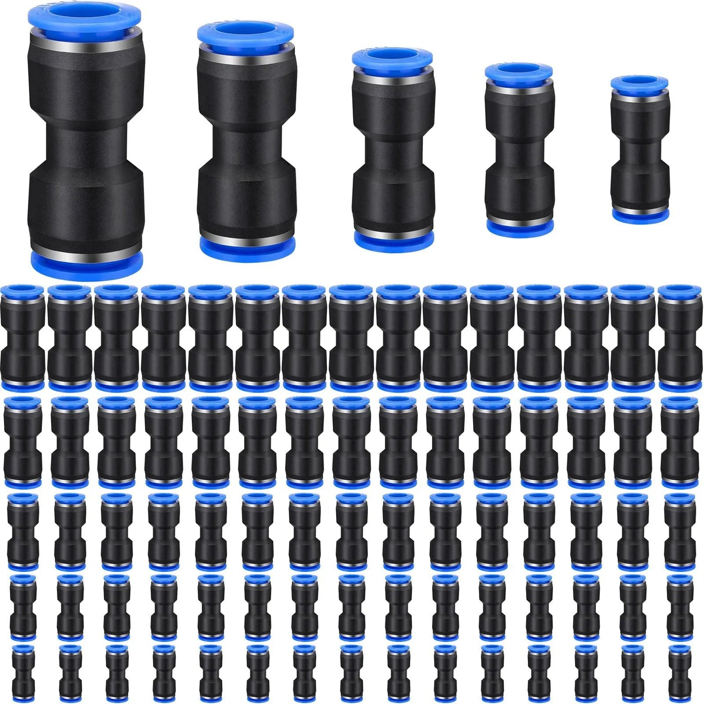 Push To Connect Air Hose Fittings Kit 100 Pieces Straight Pneumatic Quick Release Connectors for 4, 6, 8, 10, 12 mm Tubing