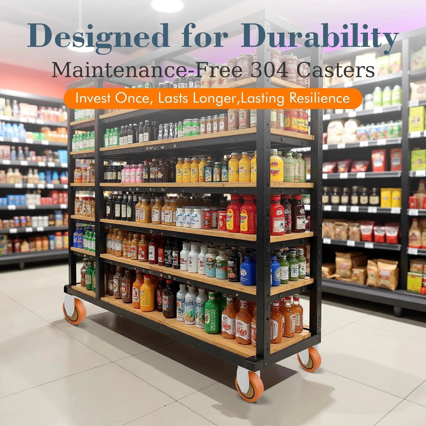 Grocery shelving unit with Rigid 4 Inch Stainless Steel Caster Wheel Set Of 2 For Industrial Use, ideal for hospital and kitchen.